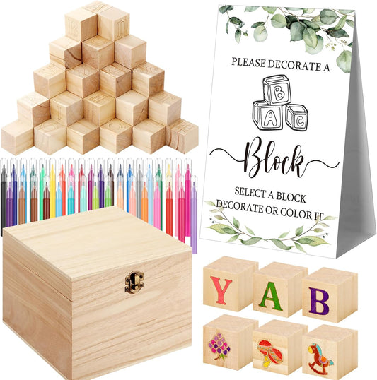 Marsui 136 Pcs Baby Shower Blocks to Decorate Game Kit Includes 98 Wooden Blocks, 36 Markers, 1 Game Sign, 1 Storage Box for Baby Shower Gender Reveal Activity Party Decorations(Leaf)