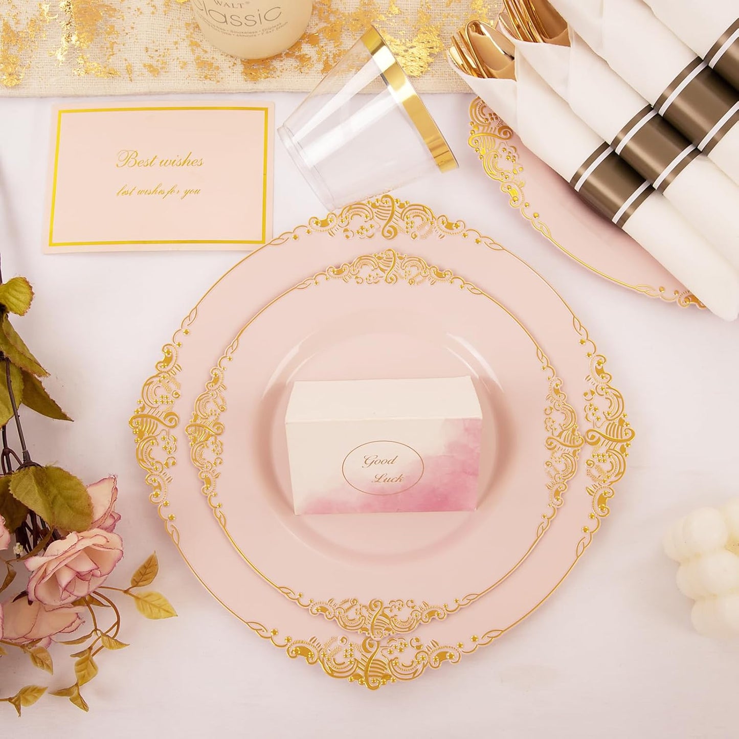 Nervure 175PCS Pink Plastic Plates - Disposable Pink Gold Party Plates & Pre Rolled Napkins with Cutlery for 25 Guests, 50Plates, 75Silverware, 25Cups, 25Napkin for Wedding & Party