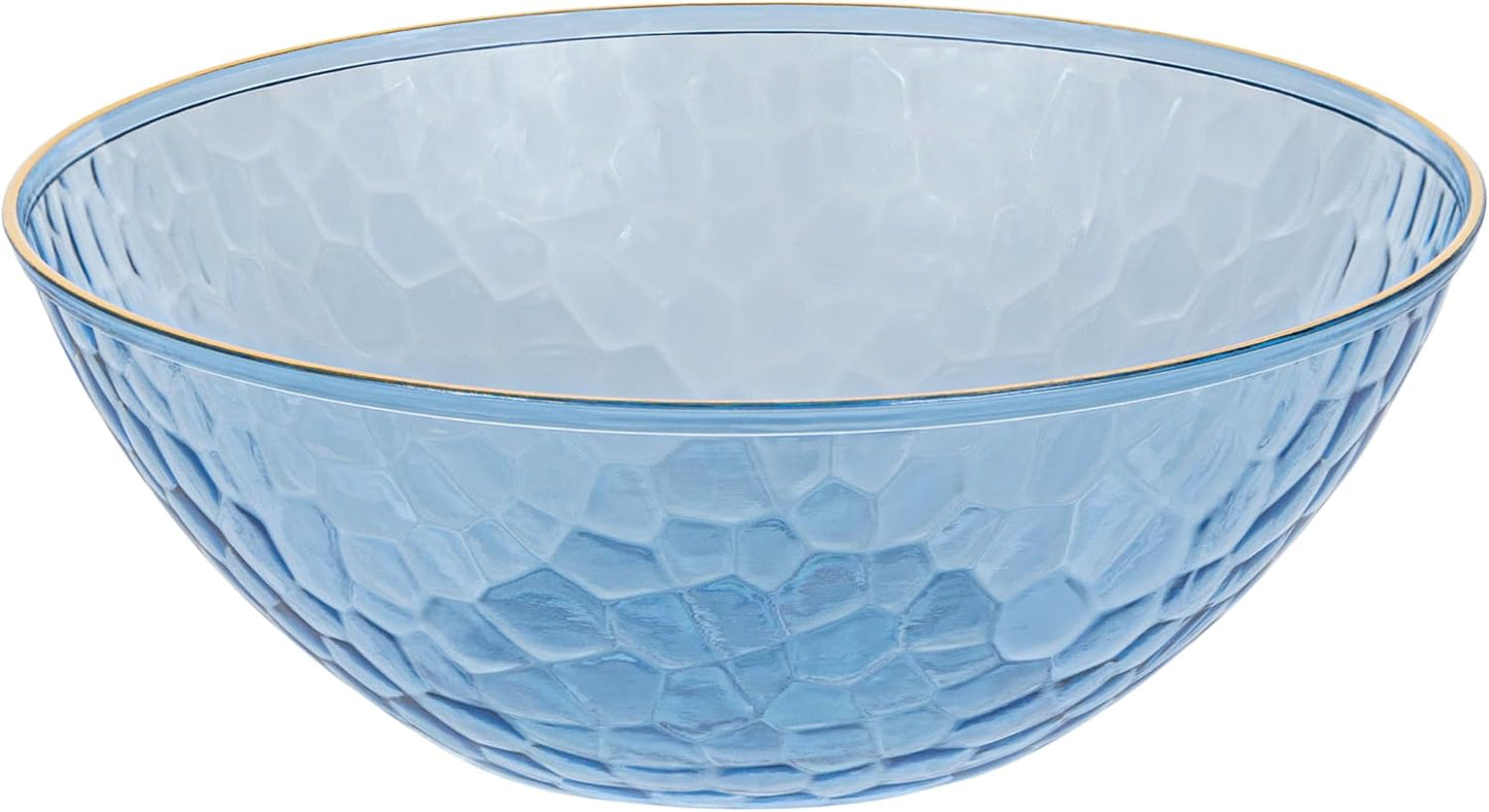PLASTICPRO 30 Pack 12 Ounce Hammered Plastic Bowls Translucent Blue with Gold Rim Heavyweight Disposable Plastic Soup Bowls Elegant Translucent Hammered Gold Rim Platsic Party Dishes