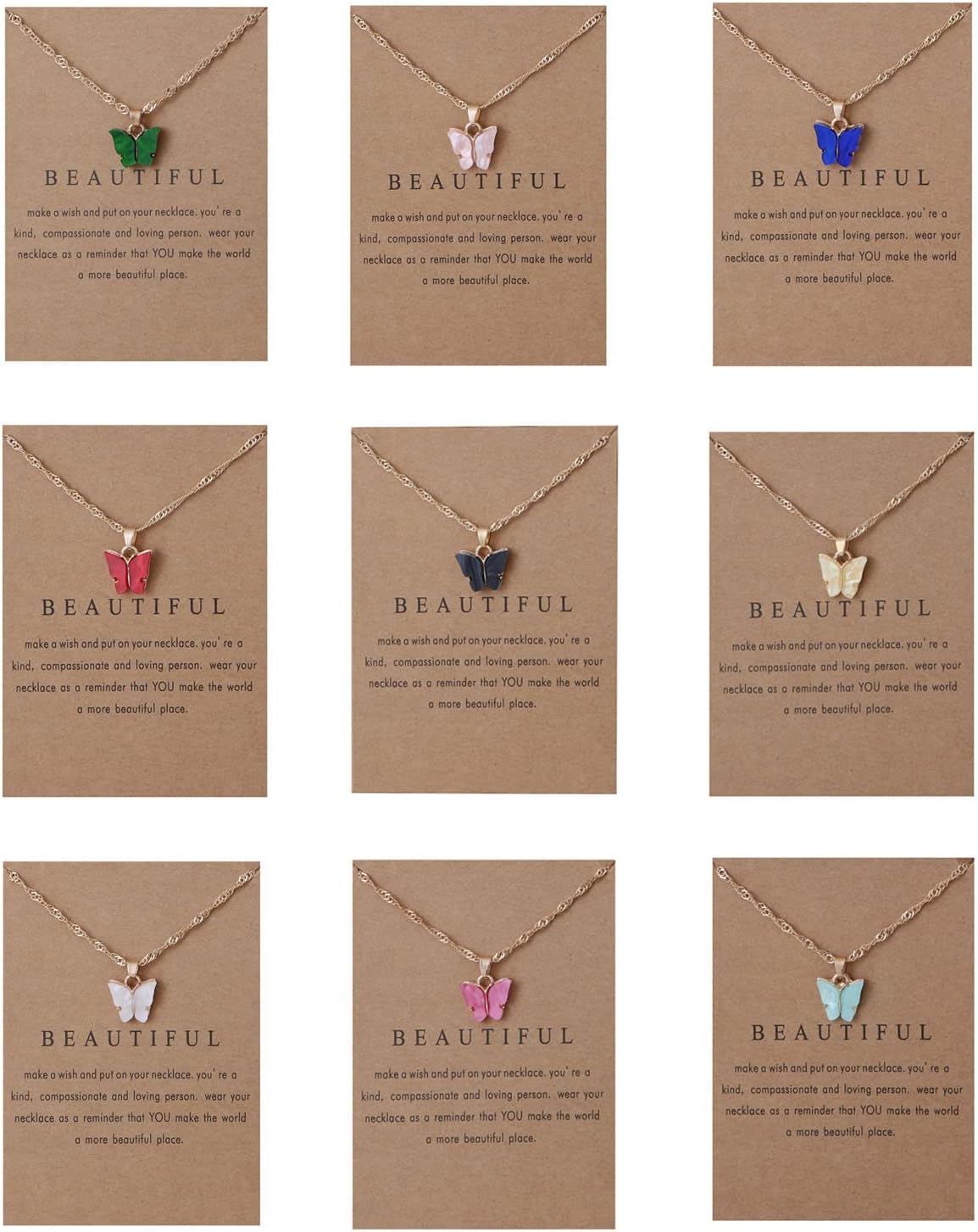 Rrdaily 9 Pcs Dainty Colorful Butterfly Pendant Necklace Set for Women,Bohemian Acrylic Butterfly Chain Necklace Cute Jewelry Gift