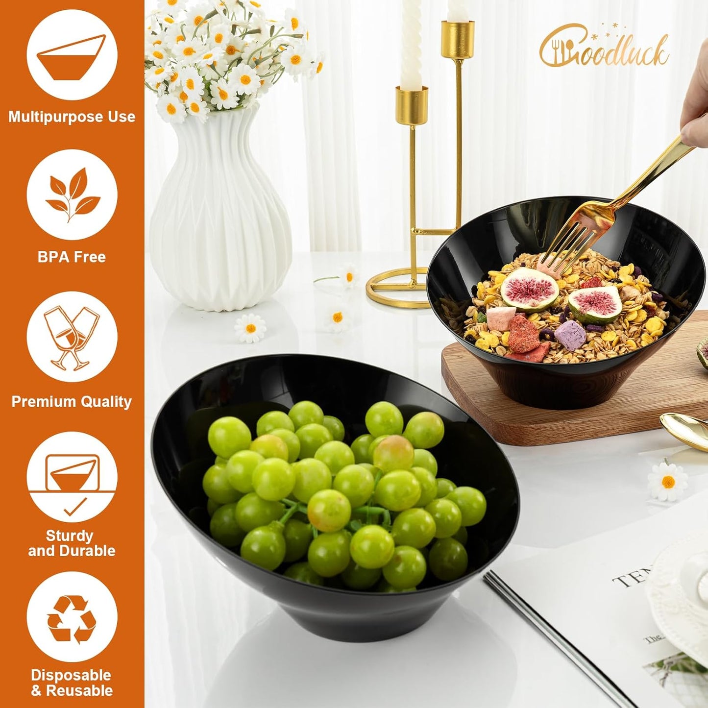 Goodluck 12 Pack Black Plastic Serving Bowls for Party - 20 OZ Angled Disposable Serving Bowls for Wedding Party Chip, Candy, Salad & Fruit