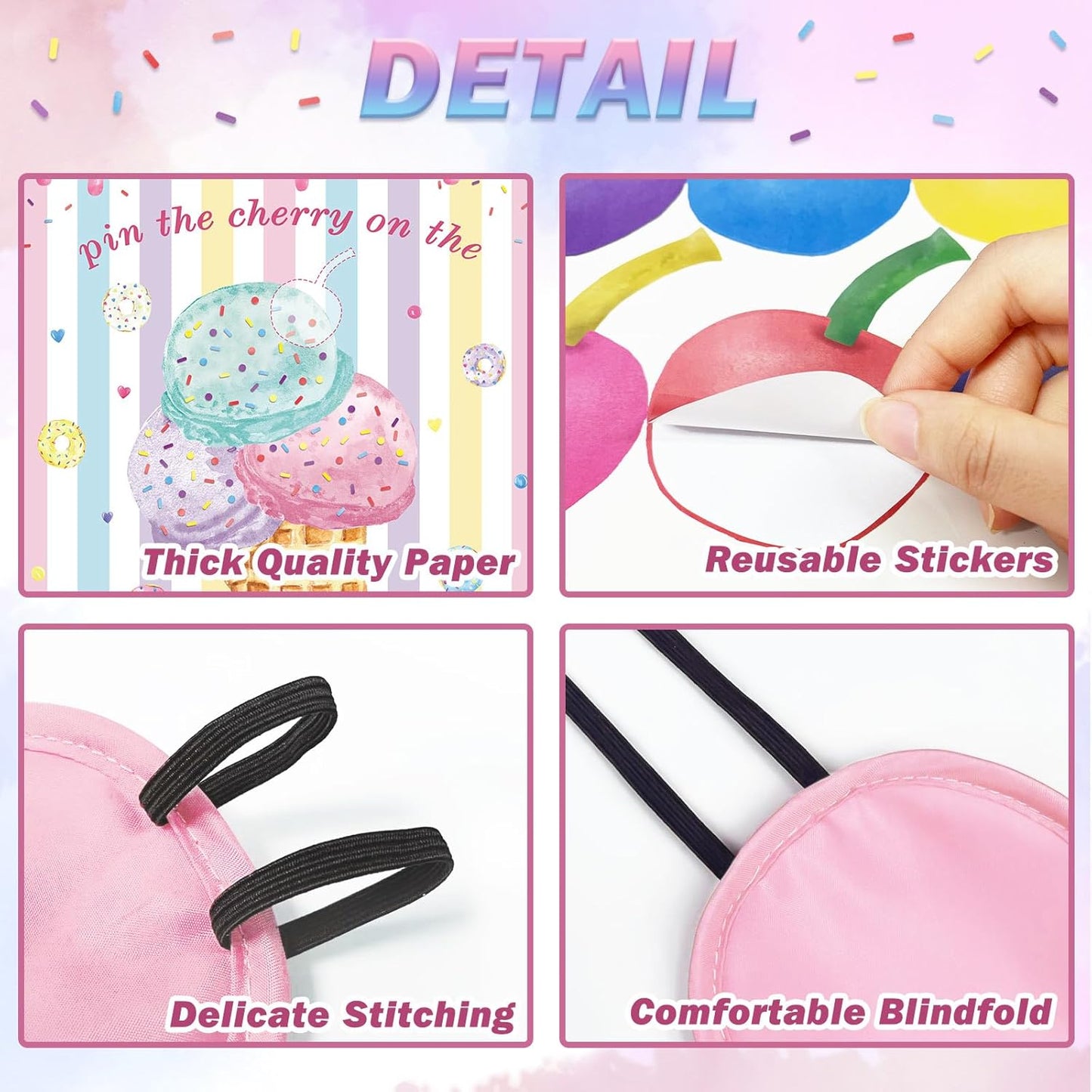 Pin The Cherry on The Ice Cream Game with 24 PCS Cherry Stickers Games Poster for Kids Girls Birthday 21'' x 28''