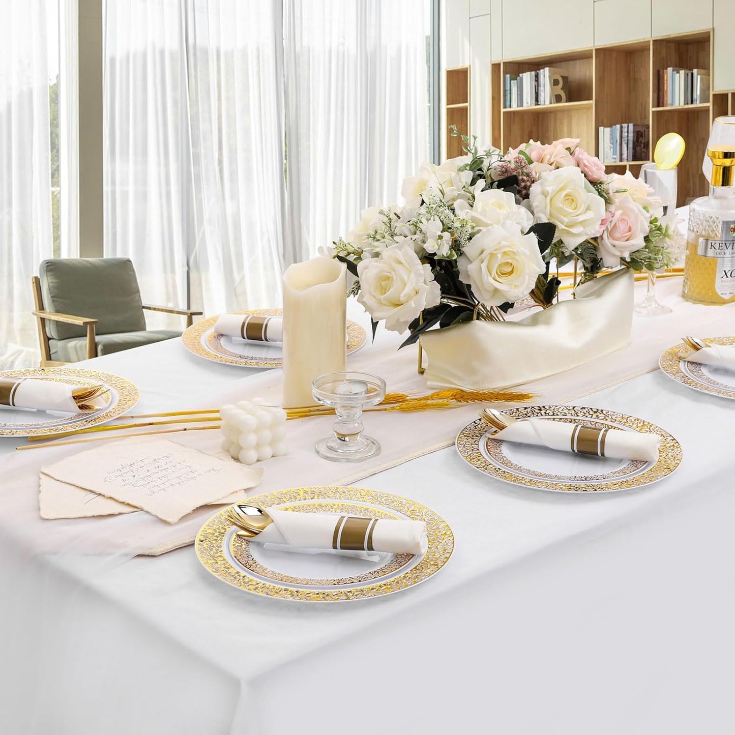 Supernal Set of 60 Wrapped Plastic Silverware Gold Pre Rolled Silverware Set Disposable,Plastic Cutlery for Parties,Disposable Cutlery Heavy Duty with Linen Napkins For Weddings Birhday