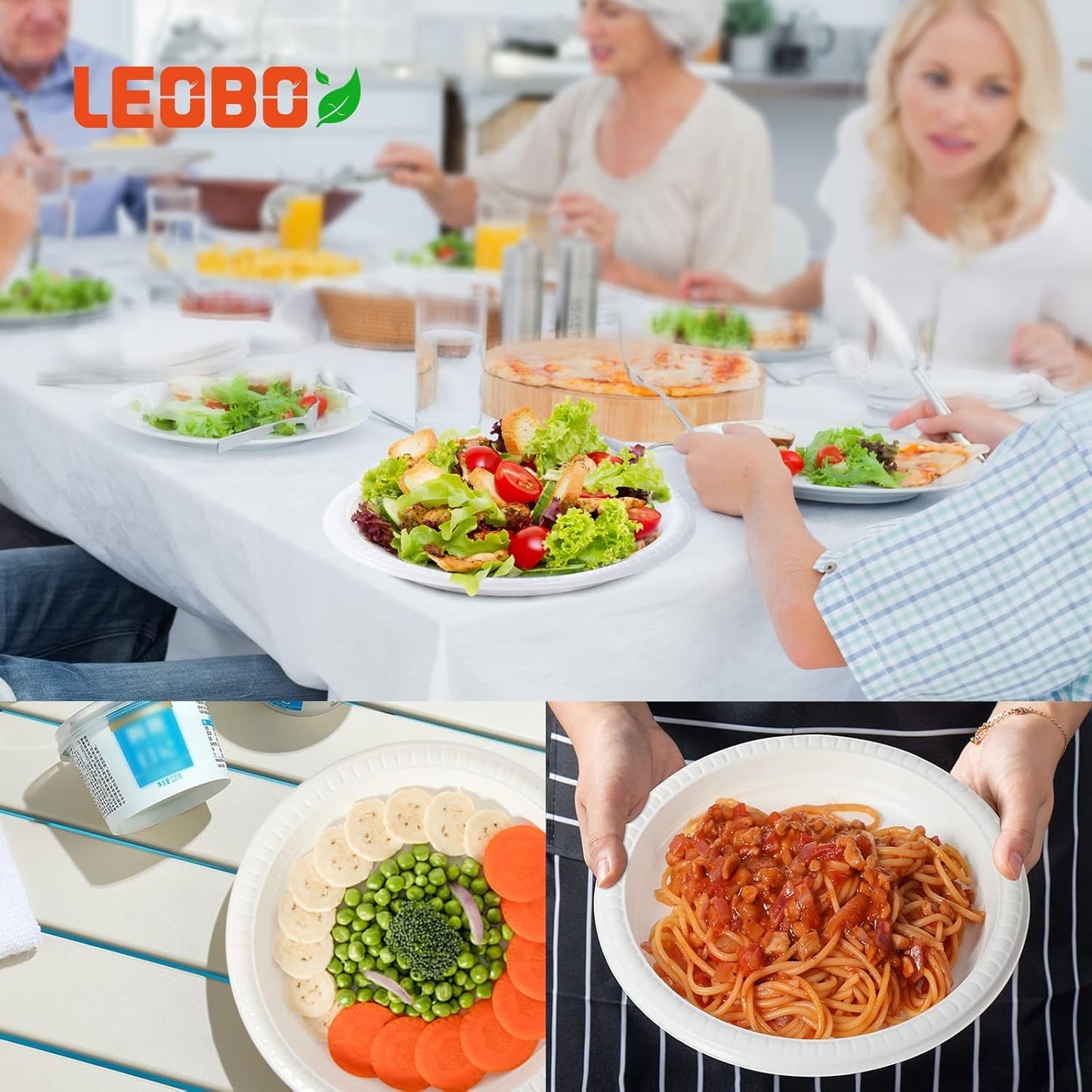 Plastic Plates Mineral Filled PP 9 Inch - 150 Pack Shrink Wrap BPA Free Dinner Trays | Dishwasher Freezer & Microwave Safe | Reusable & Disposable Plate for Party Bulk Events | Restaurant White