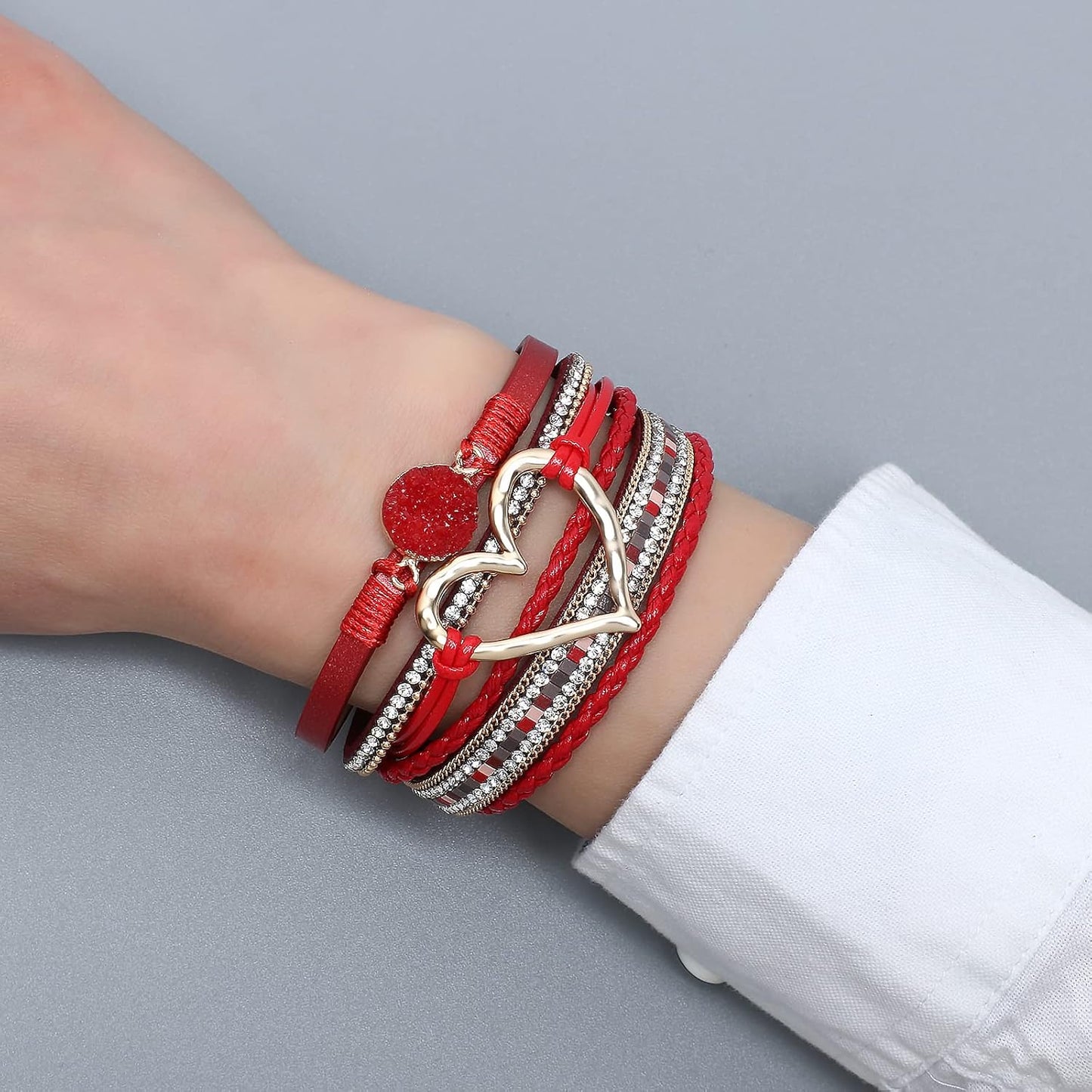 Leather Wrap Bracelet for Women Beaded Cuff Bracelet with Heart-shape Decor Bohemian Crystal Bracelet Jewelry with Clasp Bangle Bracelet for Women Girls Birthday Holiday Gift