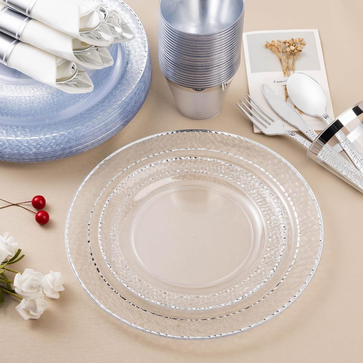 350PCS Clear Plastic Plates with Silver Trim for 50 Guests, Disposable Dinnerware Set for Party & Wedding, Includes 100 Plastic Plates, 50 Pre Rolled Napkins with Silver Silverware, 50 Cups