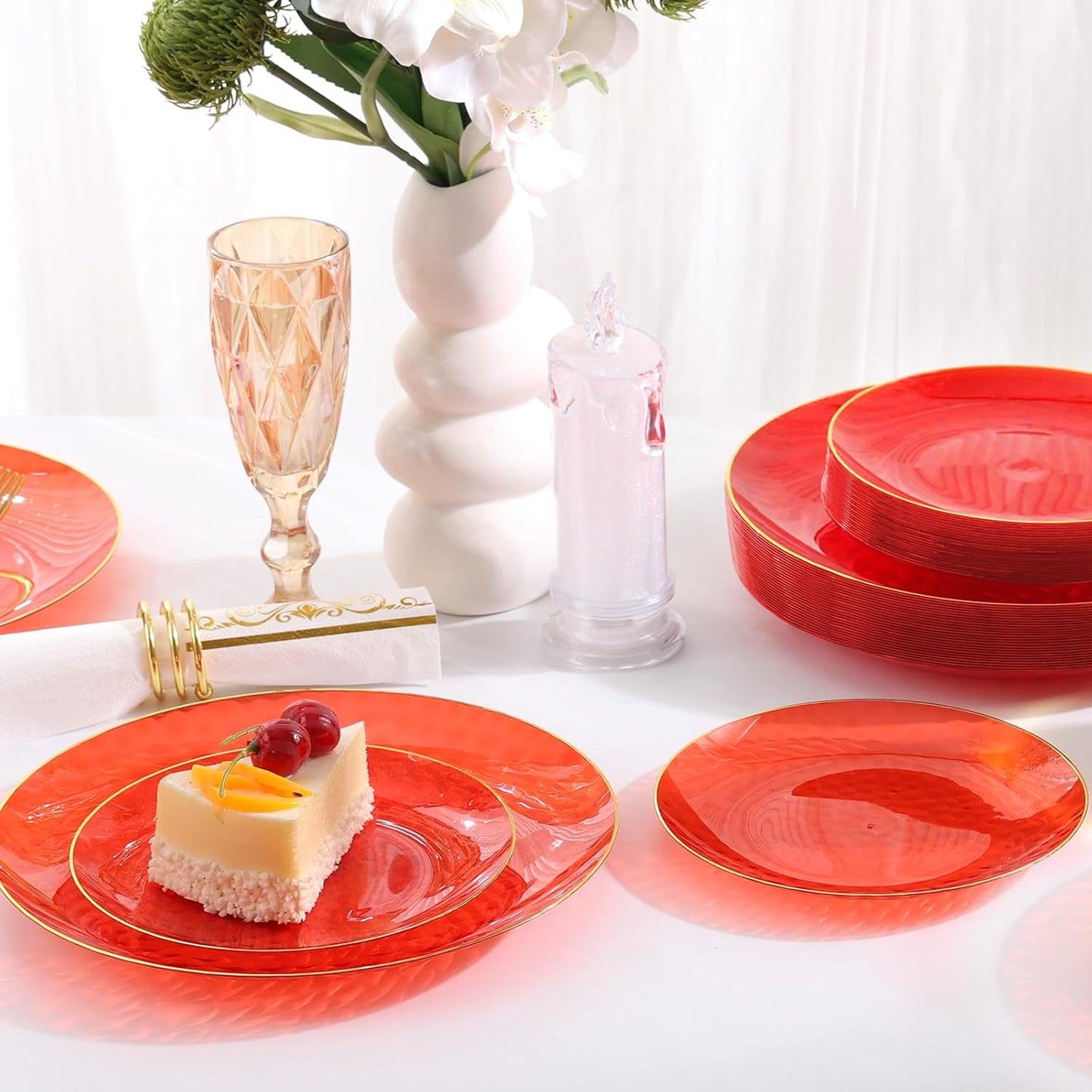 64 Pcs Red Plasitc Plates, 32 Guests Clear Red Disposable Plates with Gold Rim, Hammered Plastic plates Include 32 Dinner Platos and 32 Dessert Platos for Party Wedding Birthday Christmas