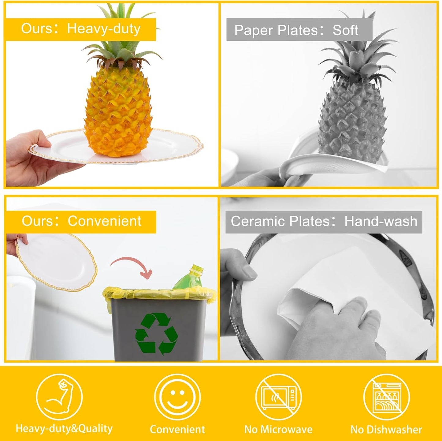 Hioasis 60pcs Gold Plastic Plates - White and Gold Disposable Dinnerware with Gold Rim, Heavy-duty, 10.25 inch, Dinner Plates for Party & Wedding