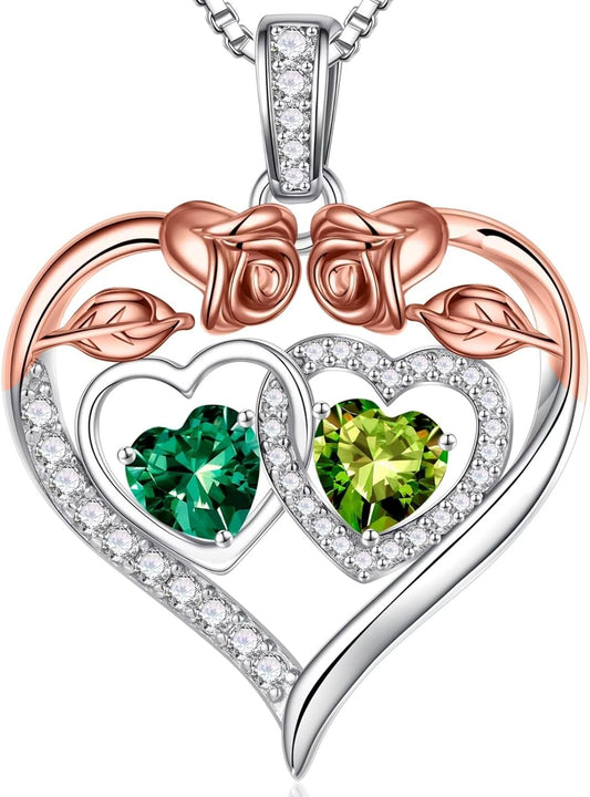 Iefil Double Birthstone Necklace Gifts for Wife Girlfriend Her Women, Birthstone Jewelry Gemstone Valentines Birthday Gifts for Her Women Wife Mom Grandma