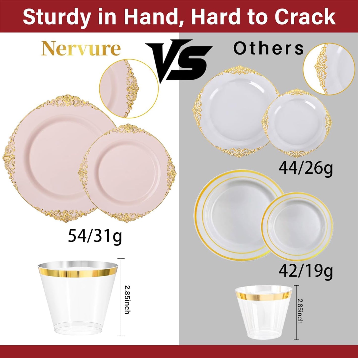 Nervure 175PCS Pink Plastic Plates - Disposable Pink Gold Party Plates & Pre Rolled Napkins with Cutlery for 25 Guests, 50Plates, 75Silverware, 25Cups, 25Napkin for Wedding & Party