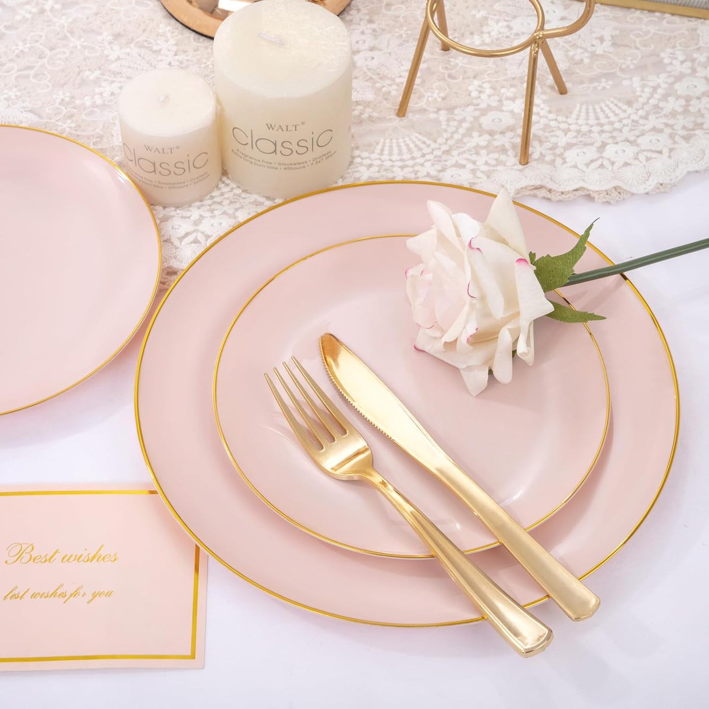 PULOTE 100PCS Pink Plastic Plates - Heavy Duty Pink and Gold Disposable Plates for Party, Wedding & Mother’s Day, Include 50 Dinner Plates and 50 Dessert Plates
