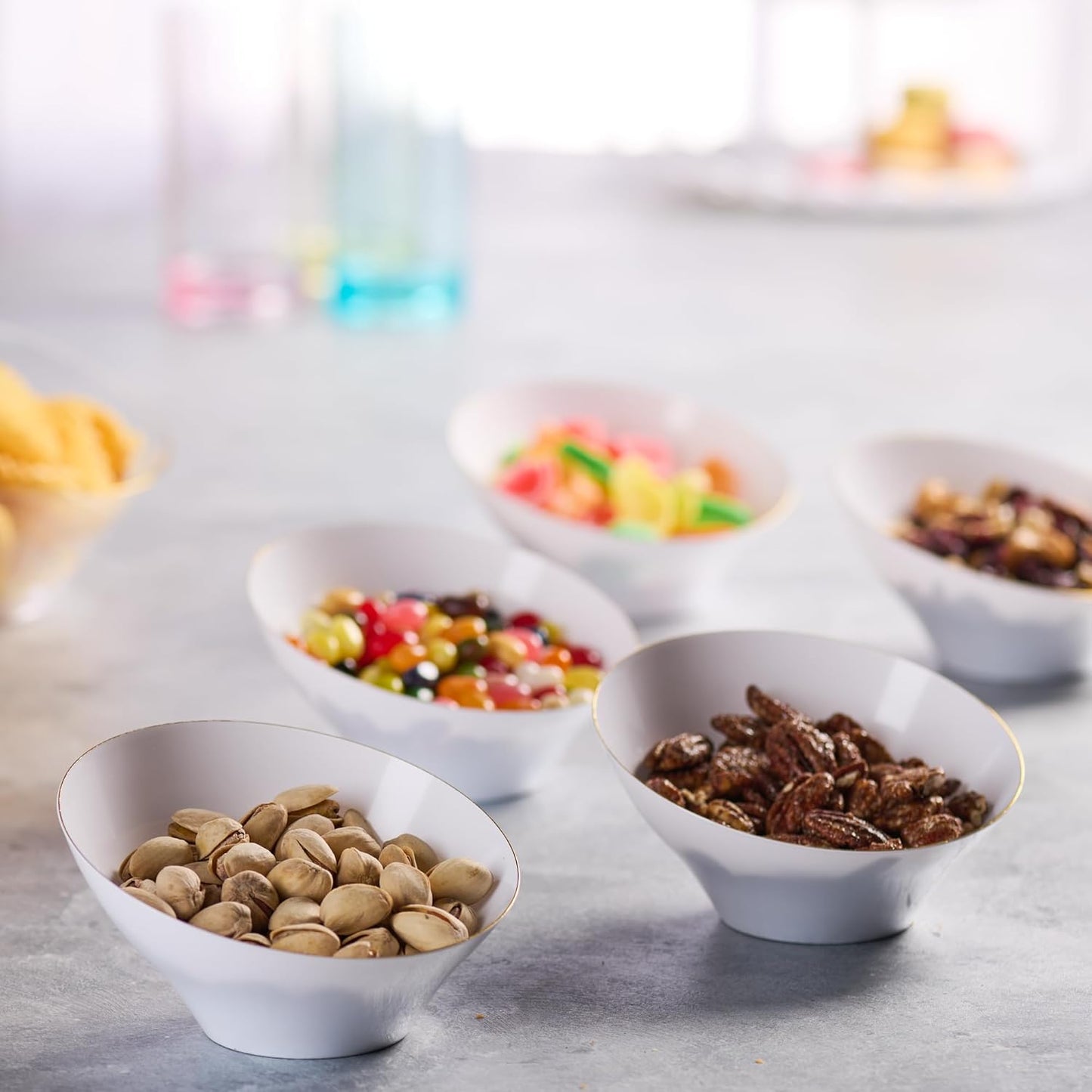 PLASTICPRO Angled Plastic Bowls Disposable Small Plastic White Serving Bowls with Gold Rim for Party for Appetizer Salads Pack of 8