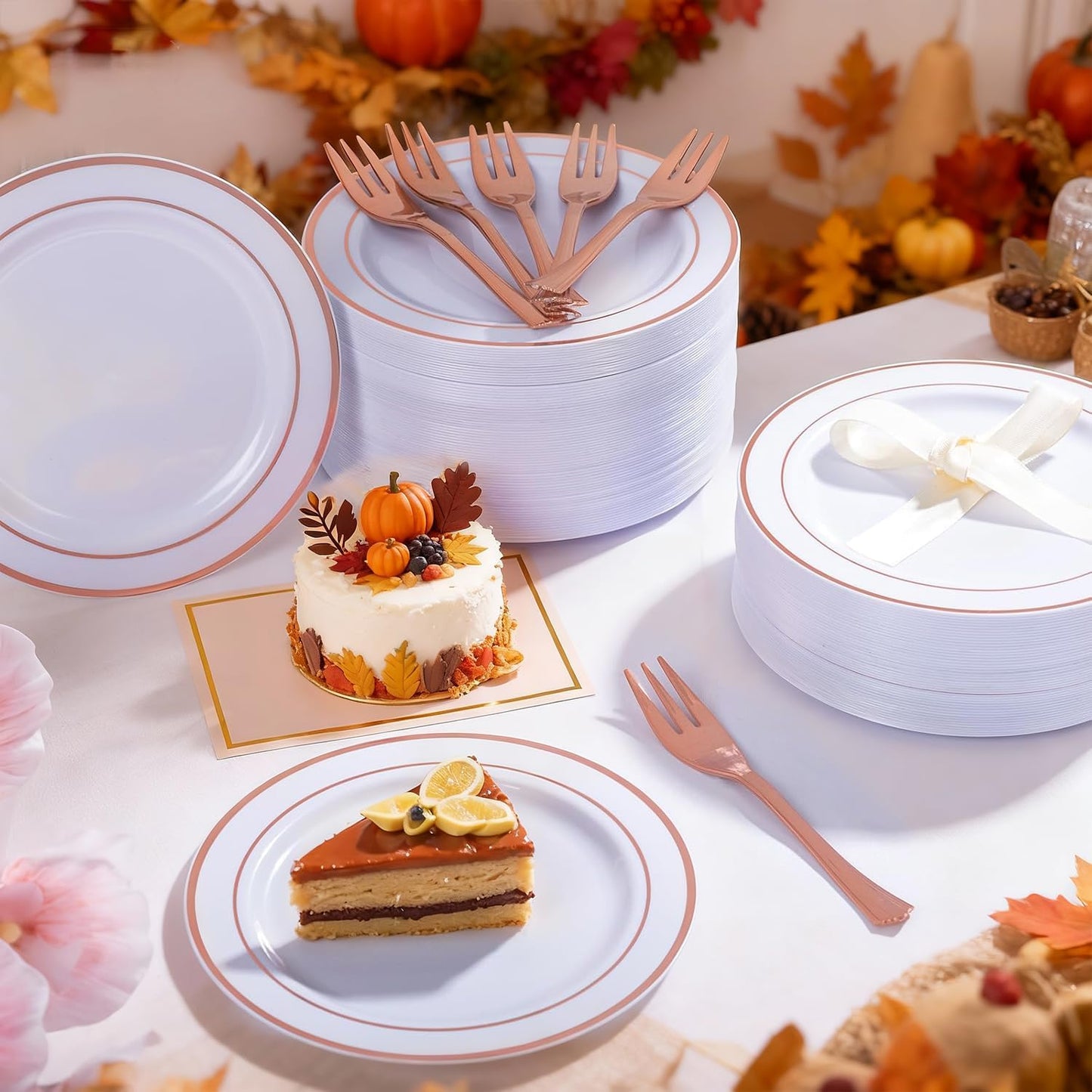 WELLIFE 240 Pieces Rose Gold Plastic Dessert Plates with Disposable Forks, Includes 120 Pcs Appetizers Plates 6.3 inch, 120 Pcs Rose Gold Forks, Perfect for Party and Weddings