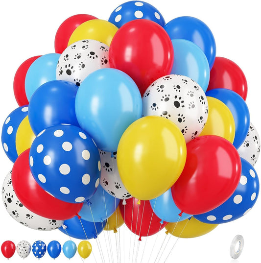 Dog Paw Balloons, 12 Inch Royal Blue Red and Yellow Balloons with White Dog Paw Print Helium Latex Balloon, Carnival Circus Balloon for Dog Themed Boys Girls Birthday Party Decoration Supplies
