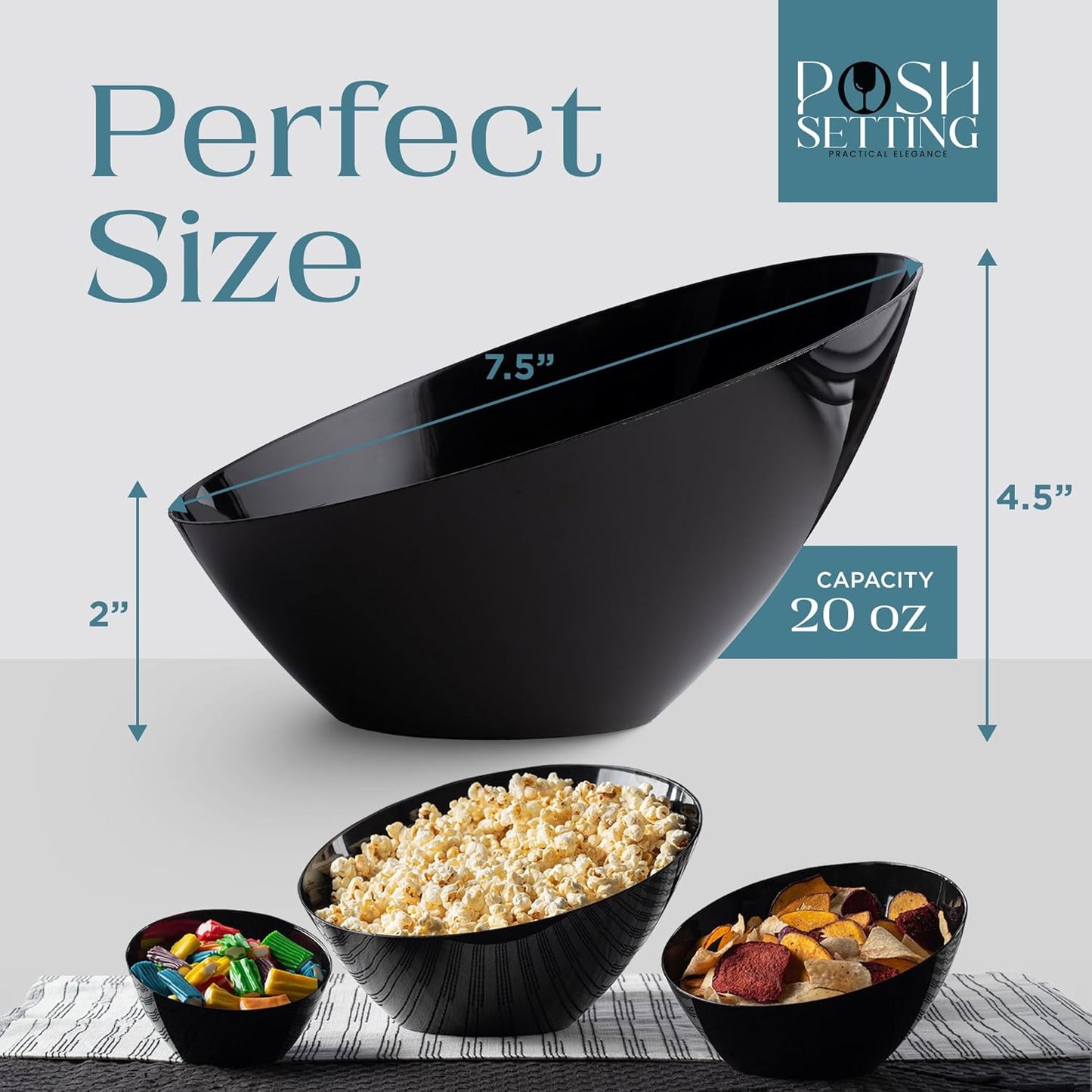 Posh Setting - Black Plastic Serving Bowls for Party - Angled, Disposable, Chip & Candy Bowls - 20 OZ, 5 Pack
