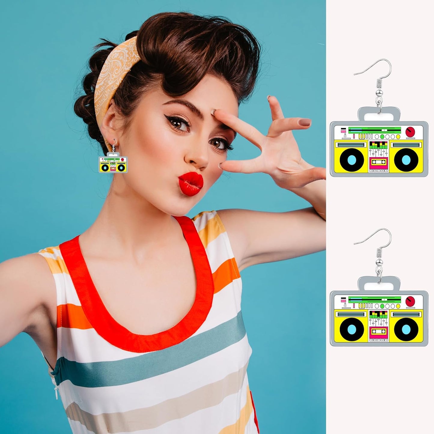 90s 80s Earrings for Women Retro Cassette Tape Earrings Acrylic Radio Tape Drop Dangle Earring for Halloween Cosplay Glow Party Music Festival Costume Accessories