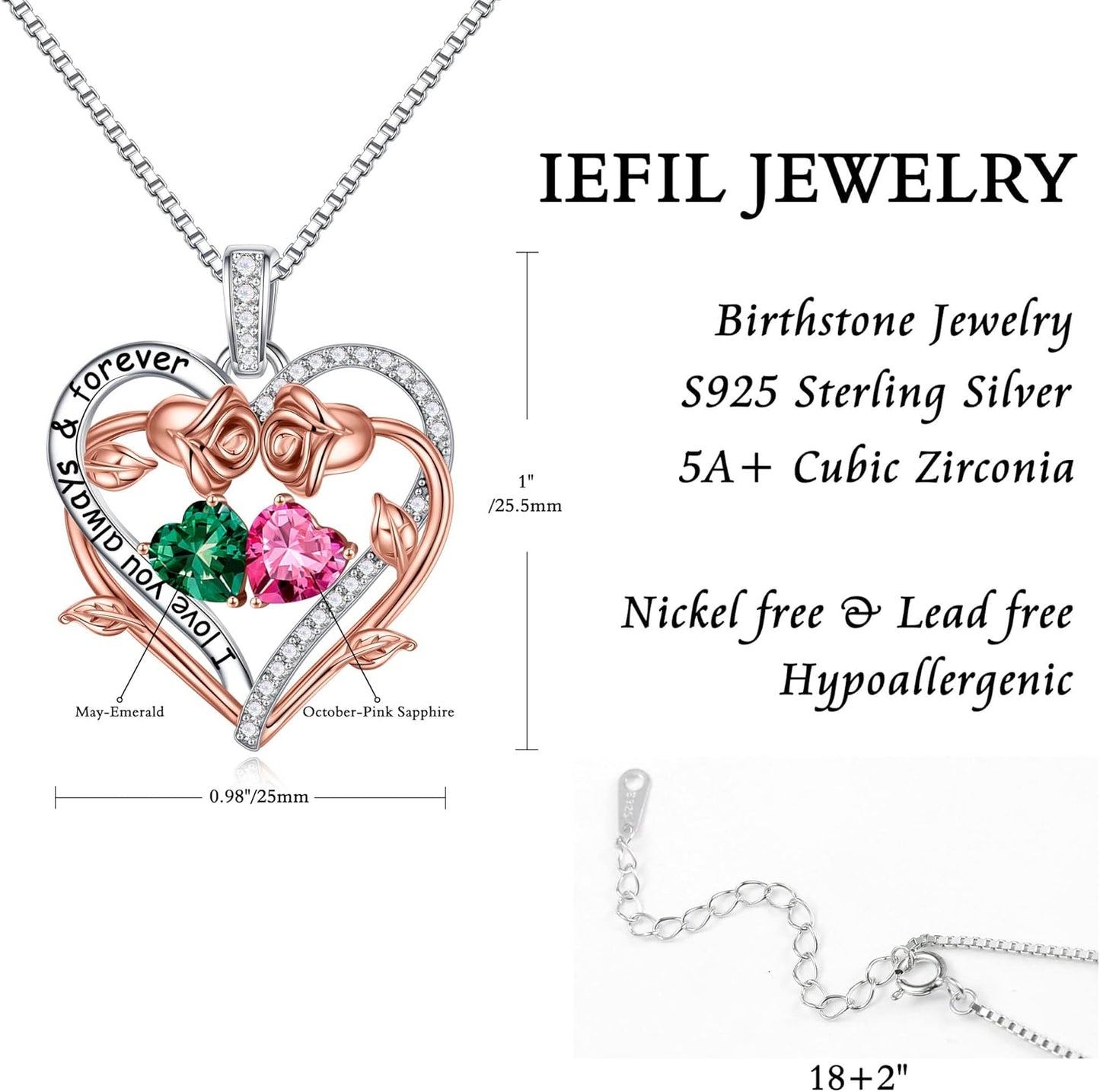 Iefil Rose Heart Double Birthstone Necklace Gifts for Wife Her Mom Women, Birthstone Jewelry Gemstone Birthday Gifts for Girlfriend Grandma Her Wife Women