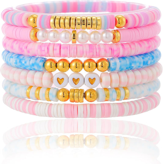 Friendship Bracelets Trendy Heishi Clay Bead Bracelets Stack Gold Beaded Stretch Bracelets for Women Boho Stackable Bracelets Bulk Cute Preppy Jewelry