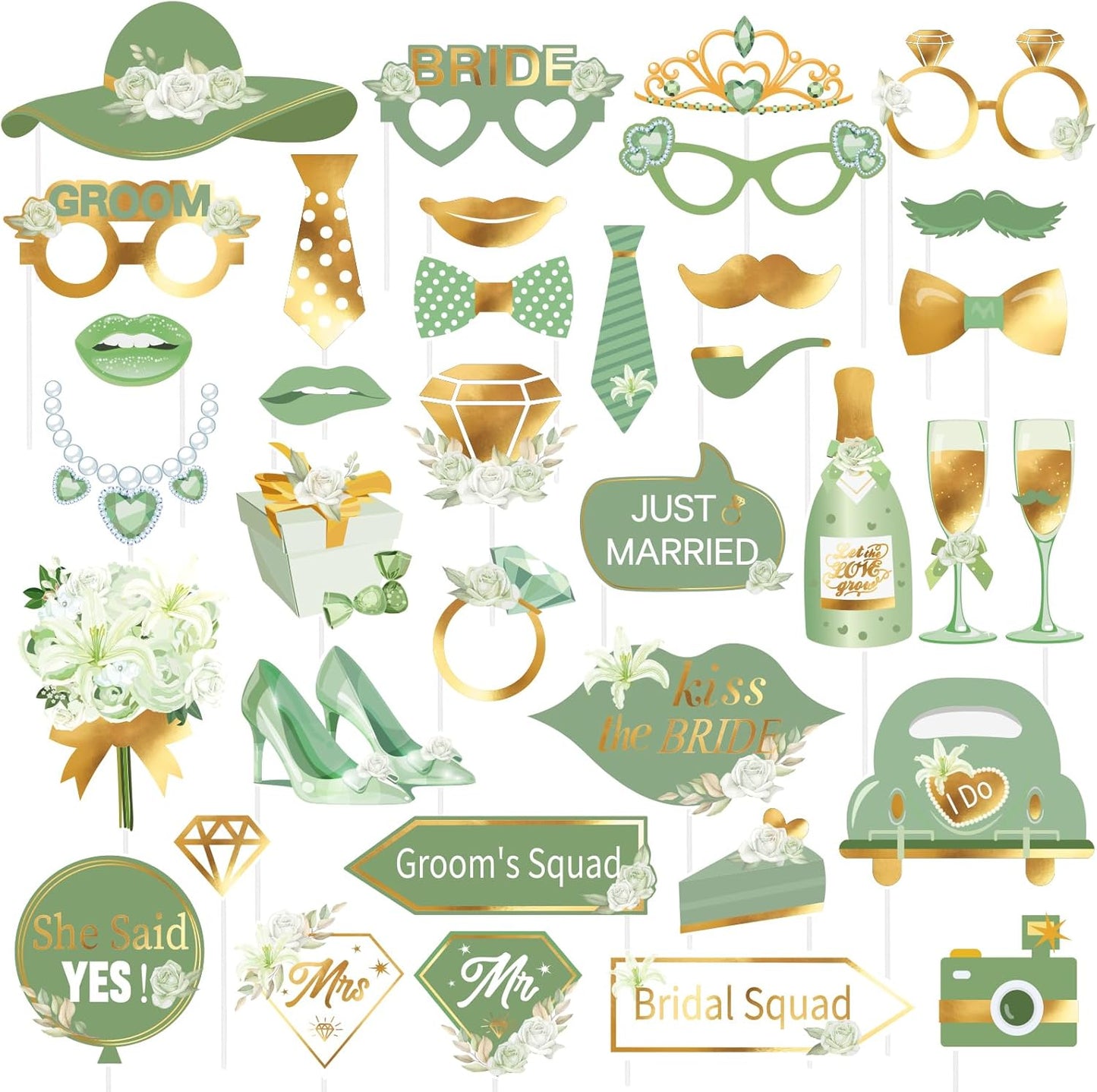 SUNBEAUTY 38 PCS Sage Green Wedding Photo Booth Props,Bridal Shower Photo Props, Engagement Party Decorations, Wedding Decorations for Ceremony Outside, Wedding Party Supplies for Girls