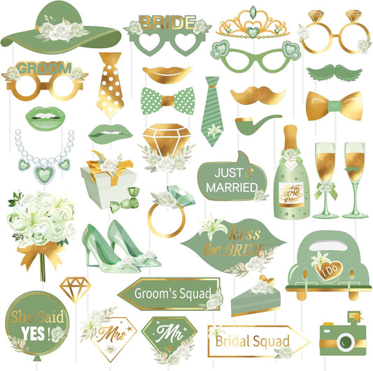 SUNBEAUTY 38 PCS Sage Green Wedding Photo Booth Props,Bridal Shower Photo Props, Engagement Party Decorations, Wedding Decorations for Ceremony Outside, Wedding Party Supplies for Girls