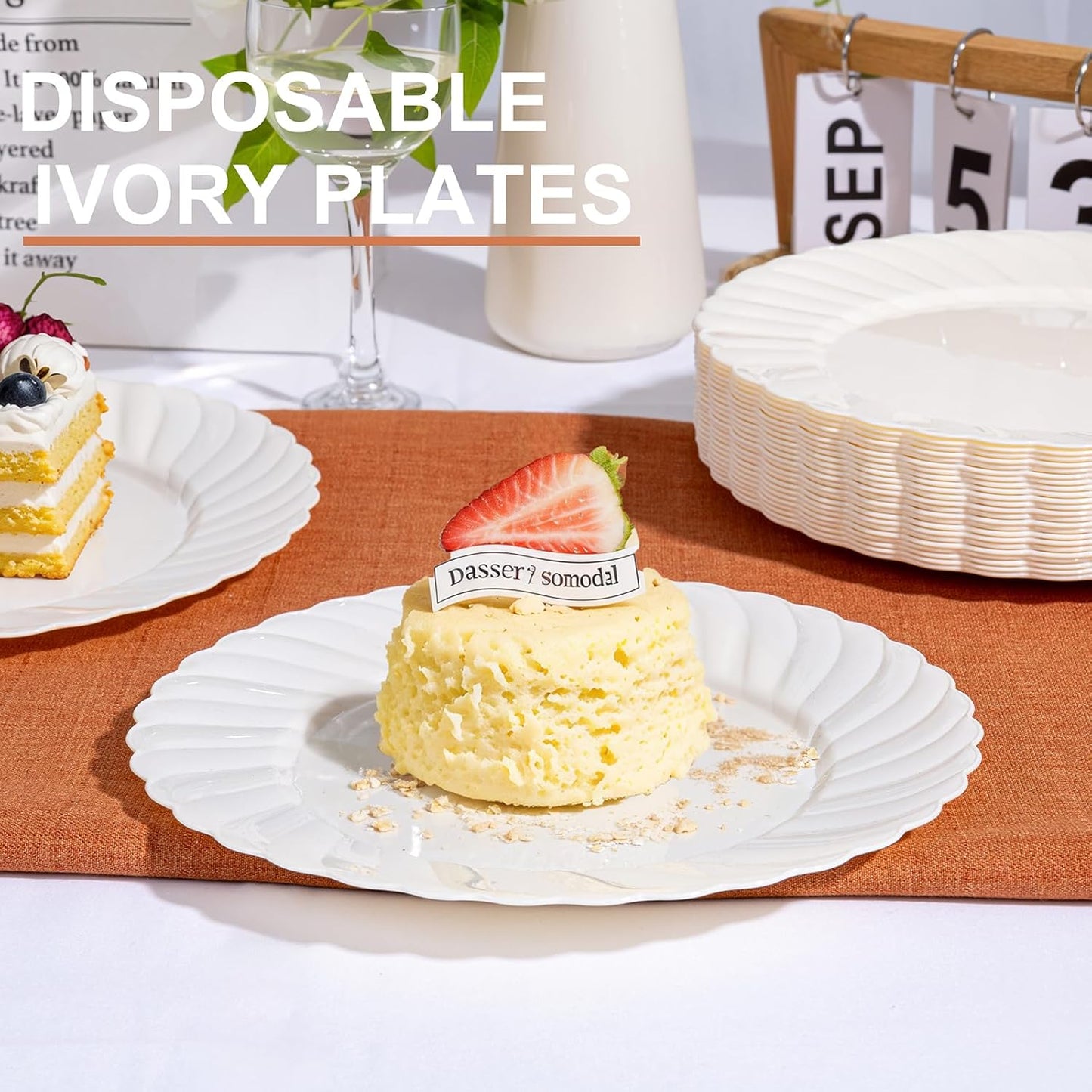 U-QE 100 Count 6 Inch Ivory Plastic Plates - Scalloped Thanksgiving Dessert Plates Disposable - Premium Fancy Disposable Heavy Duty Party Supplies for Thanksgiving, Celebrations, Weddings and Events