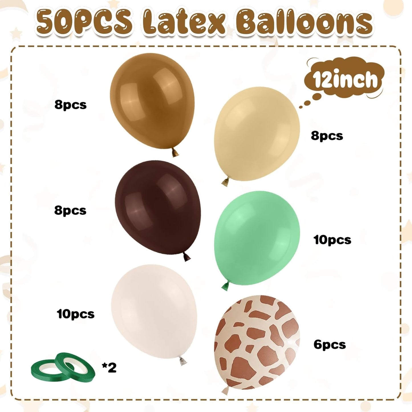 Green Brown Balloons, 50PCS 12Inch Safari Jungle Balloon with Sage Green Brown Gold Cream Balloons Retro Khaki Apricot for Giraffe Woodland Animal Baby Shower Birthday Wild Party Decorations