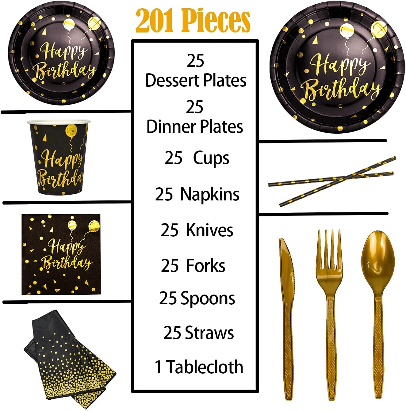 201 Pieces Gold Disposable Party Dinnerware Set &Golden Dot Birthday Black Paper Plates Napkins Cups, Gold Plastic Forks Knives Spoons (25 Guests)