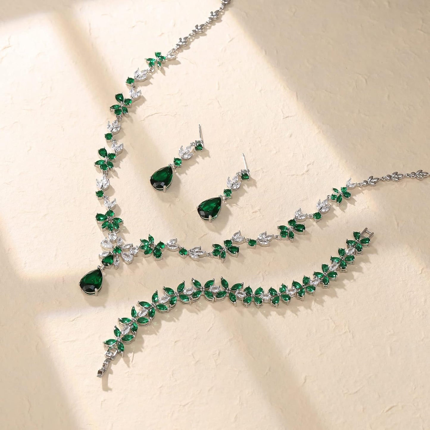 Crysdue Wedding Jewelry Set for Women, Floral Leaf Vine Teardrop Necklace Dangle Earrings Bracelet and Hair Comb, Cubic Zirconia Elegant Party Prom Jewellery for Bridal Bridesmaid