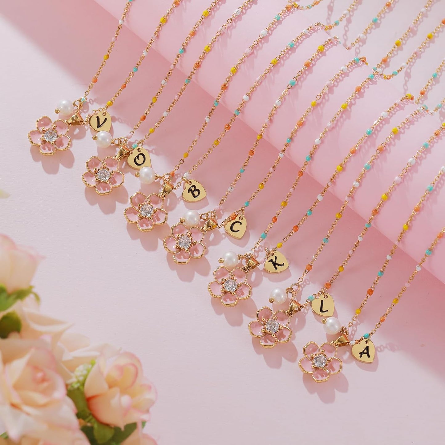 DS Flower Girl Necklace Gifts |Heart Initial Letter Flower Necklaces with Pearl Charm for Women | Personalized Wedding Proposal Bridal Shower Party Jewelry Gift | 18K Gold Plated Stainless Steel