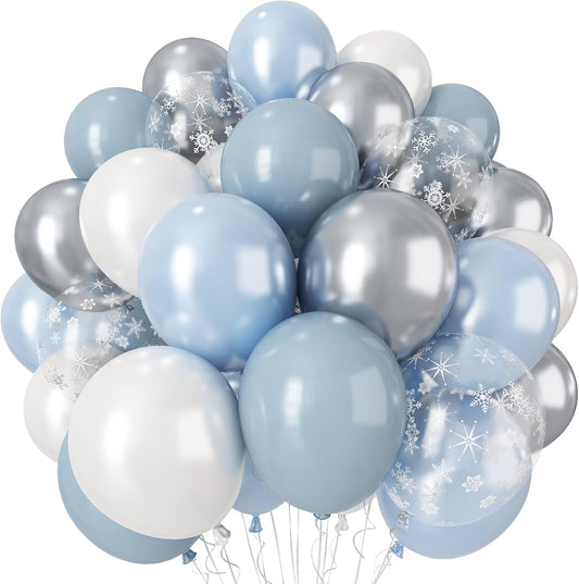 Blue and White Balloons, 12 Inch Snowflake Double Stuffed Dusty Pastel Light Baby Blue Pearl White Silver Clear Latex Balloons for Winter Wonderland Christmas Snow Baby Shower Birthday Party Decor