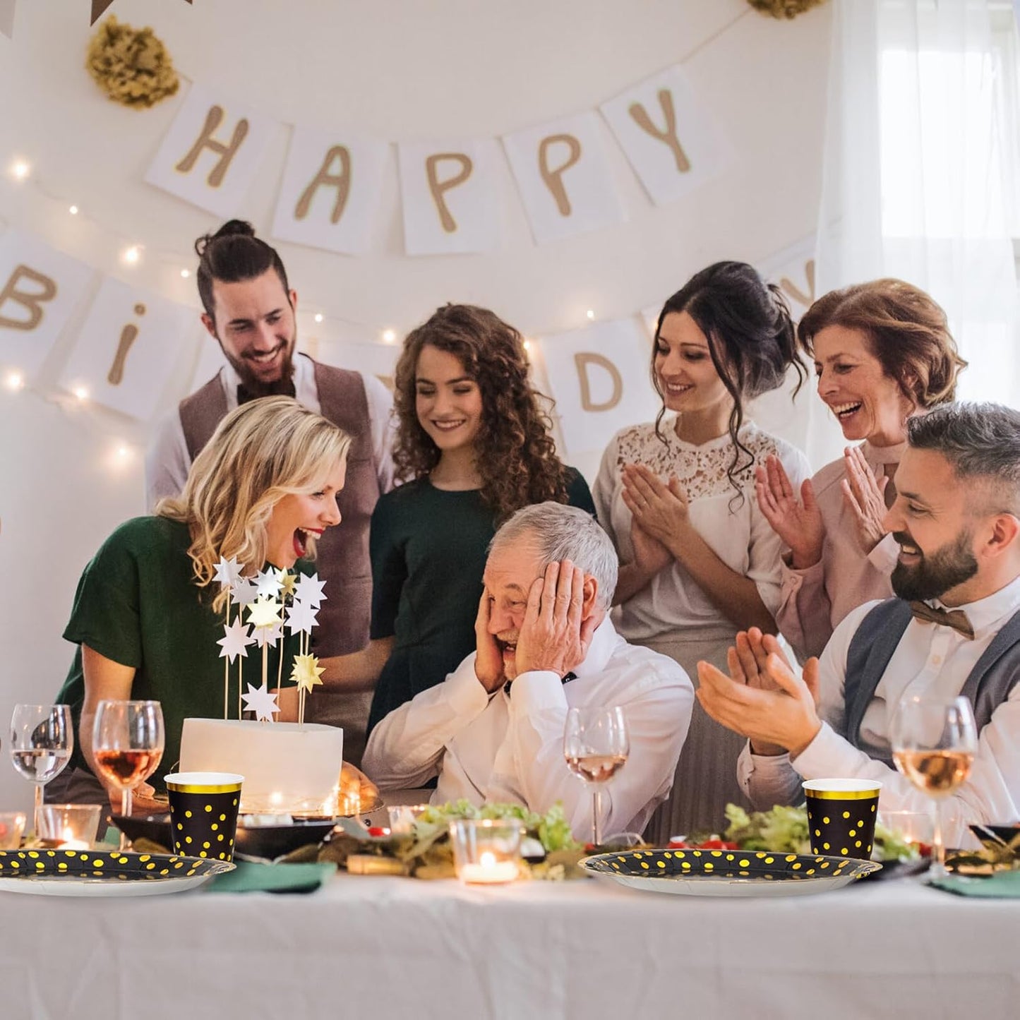 Supernal 350pcs Black and Gold Plates & Napkins Party Supplies,10inch Birthday Plates 7inch Black and Gold Paper Plates Gold Plastic Forks,Knives,Spoons,Black Napkins Cups Served 50 Guest for Birthday