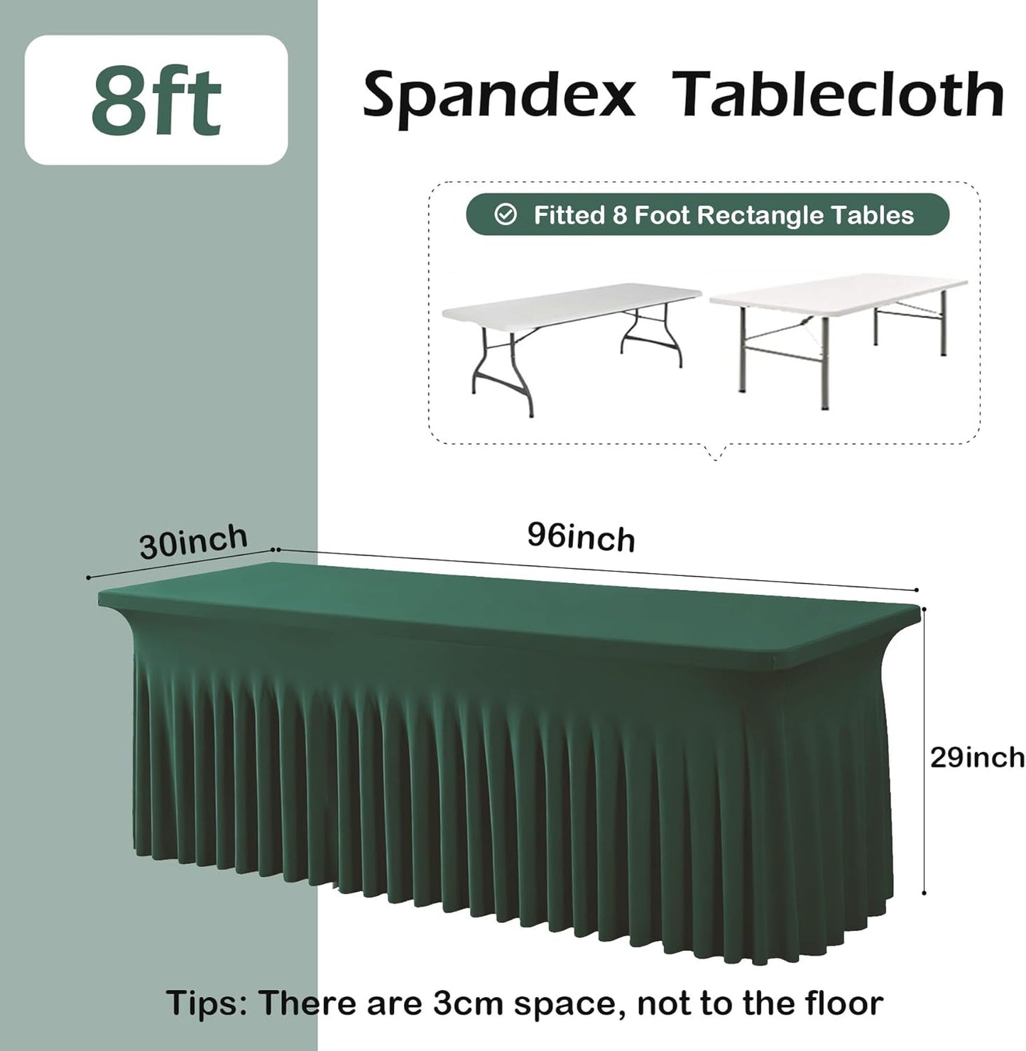 2 pk Hunter Green Spandex Tablecloths 8ft with Ruffle Table Skirt, Wrinkle Free Stretchy Fitted Tablecloth for 8 Foot Rectangle Tables, Elastic Spandex Table Covers 8ft for Party Wedding Banquet