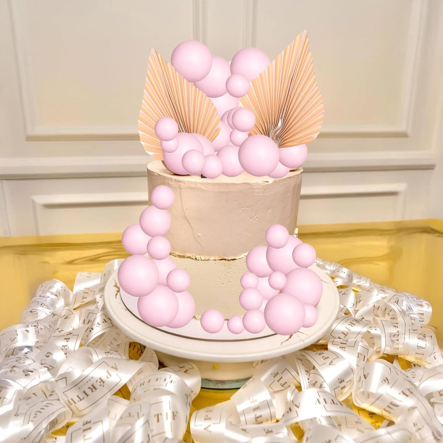 Ephlyn 28Pcs Paper Palm Fan Cake Topper Balls Cake Pick for Baby Shower Wedding Bridal Shower Birthday Party Cake Decorations Supplies Pink