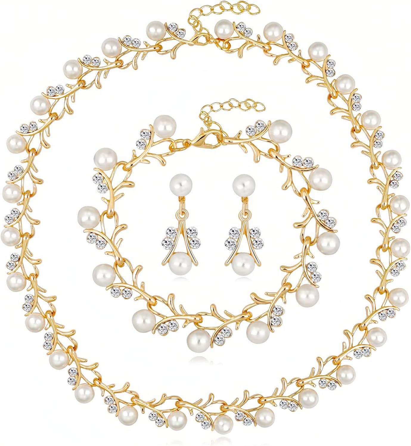 la luen Pearl Bride Wedding Jewelry Set Faux Pearls Crystal Rhinestone Necklace Earrings Bracelet Sets for Women Bridesmaid(3 PCS)