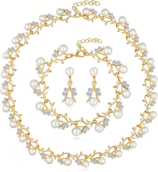 la luen Pearl Bride Wedding Jewelry Set Faux Pearls Crystal Rhinestone Necklace Earrings Bracelet Sets for Women Bridesmaid(3 PCS)
