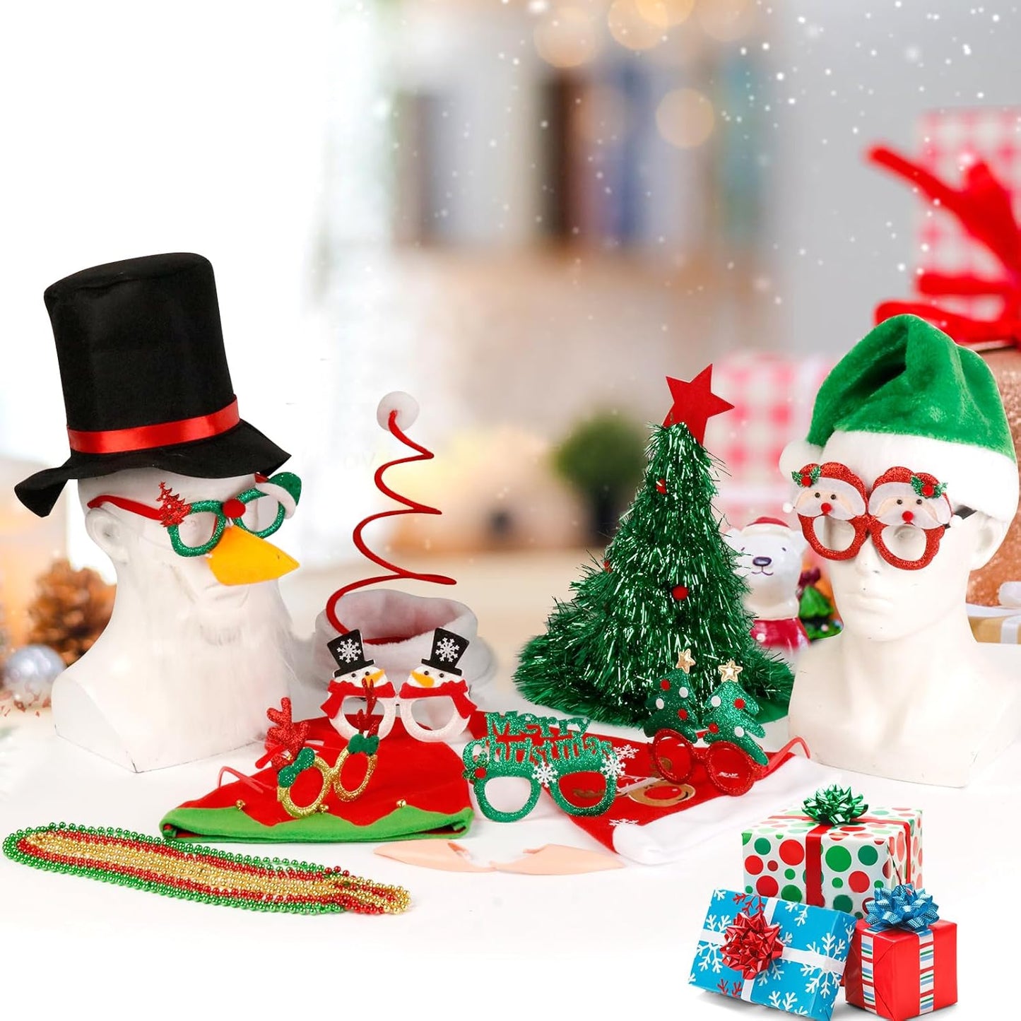 21 Pcs Funny Christmas Party Photo Booth Props Kit - Includes 6 Christmas Hats, 6 Xmas Glasses, 6 Festive Necklaces, White Beard for Costume Party, Holiday Party Decor & Photo Booth Supplies