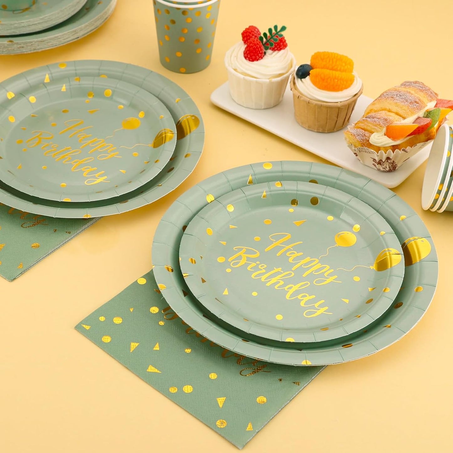 175 Pcs Sage Green Birthday Decorations - Sage Green Birthday Plates and Napkins Party Supplies Serve 25 Guests - Sage Green and Gold Birthday Paper Plates for Girls Women Happy Birthday Party Decor