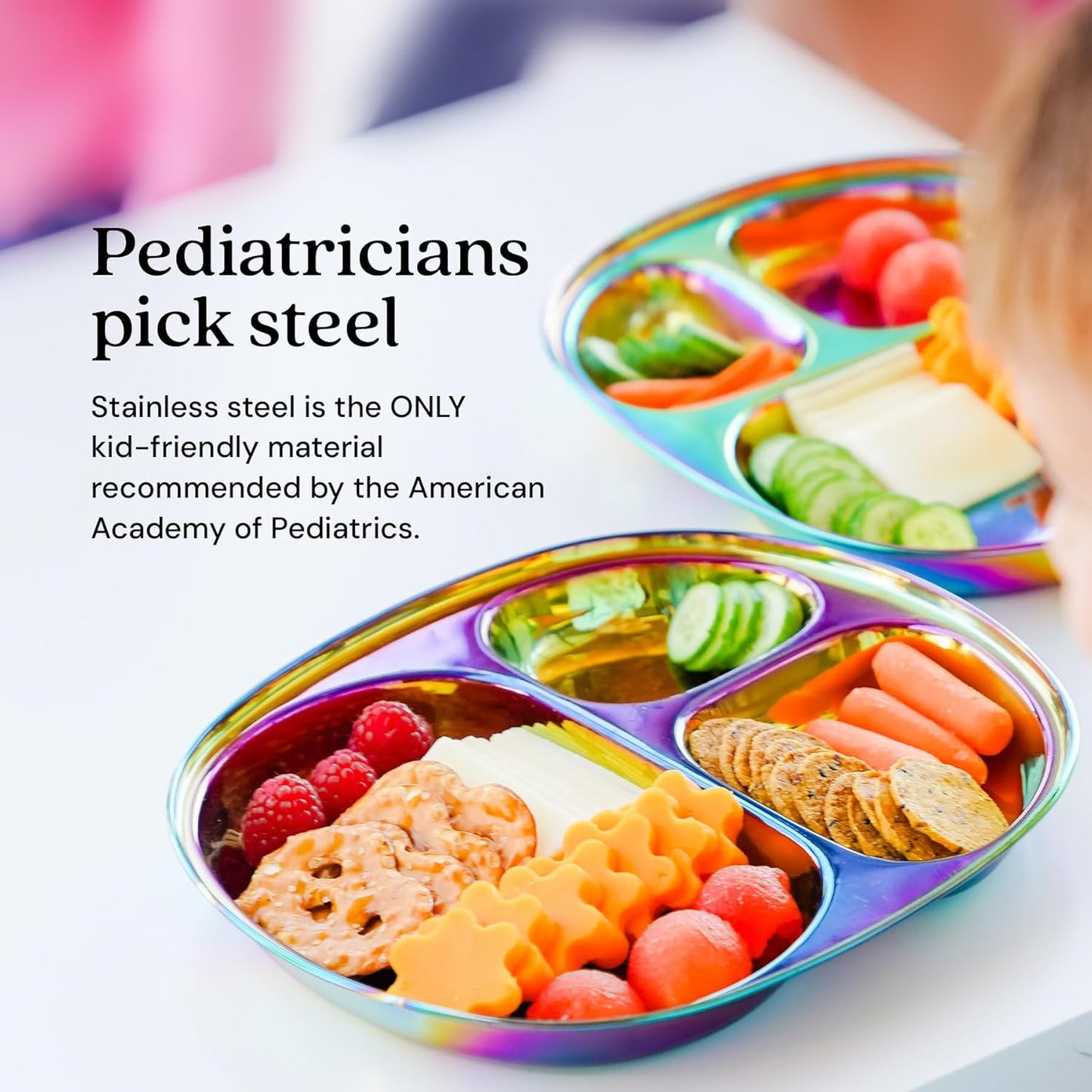 Ahimsa Stainless Steel Plates for Kids - Divided Plates for Toddlers, Pediatrician Designed, Non Toxic Toddler Plate, BPA Free & Dishwasher Safe (Rainbow Set of 4)