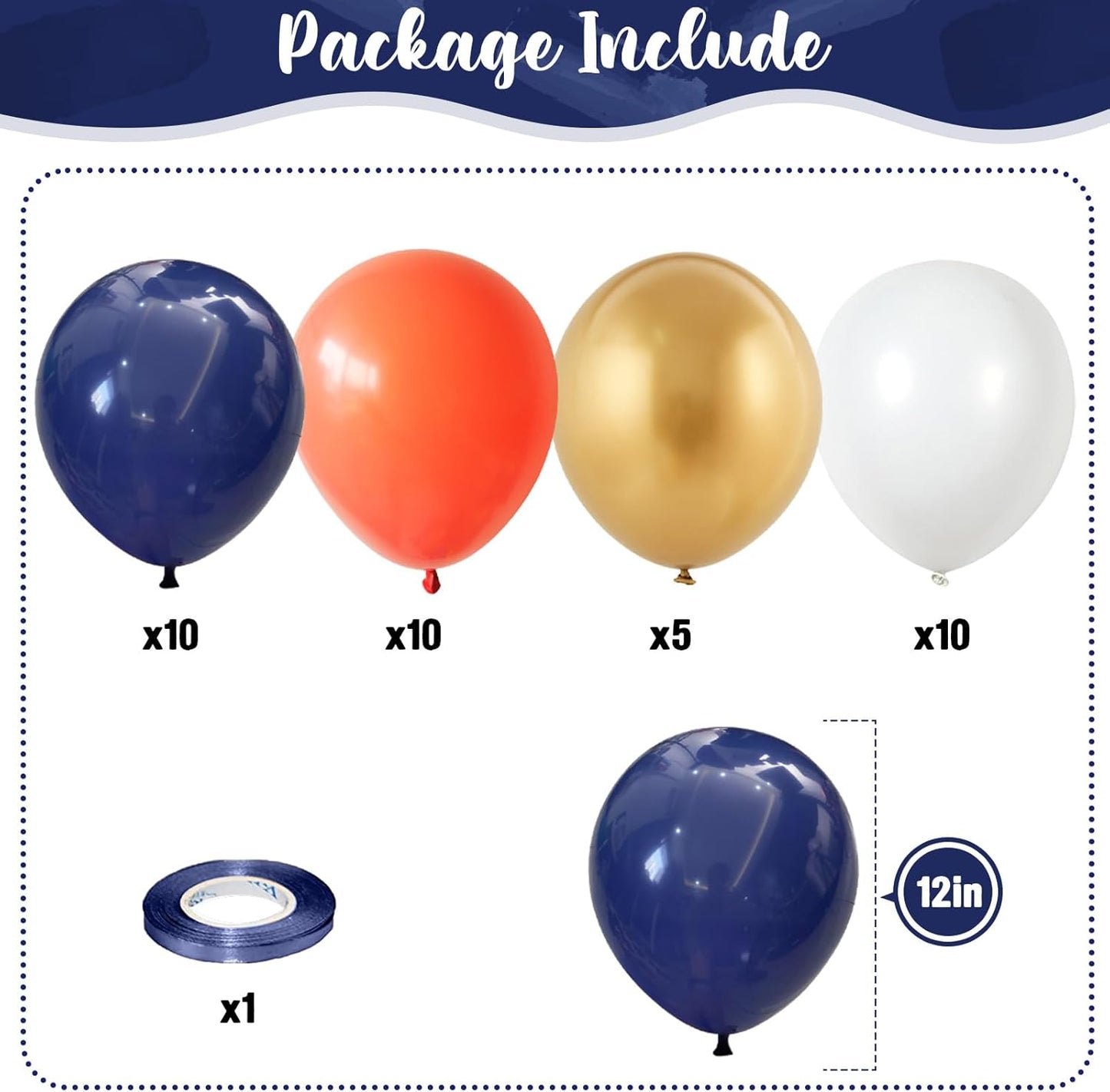 35pc Navy Blue & Orange Balloons Set, Navy, Orange, White, Metallic Gold, Boys, Men, Space, Birthday, Wedding, Party Decorations