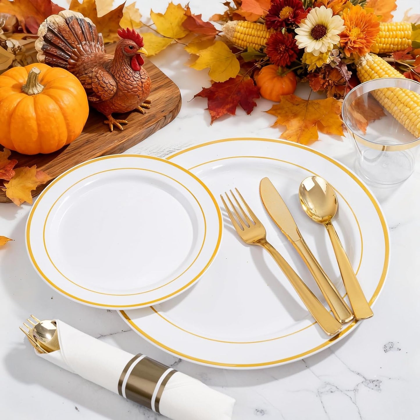WELLIFE 350Pcs Gold Plastic Plates for 50 Guests - Plastic Dinnerware Set, Includes 100 Party Plates,150 Gold Silverware Disposable,50 Napkins,50 Cups,Disposable Plates for Party and Thanksgiving
