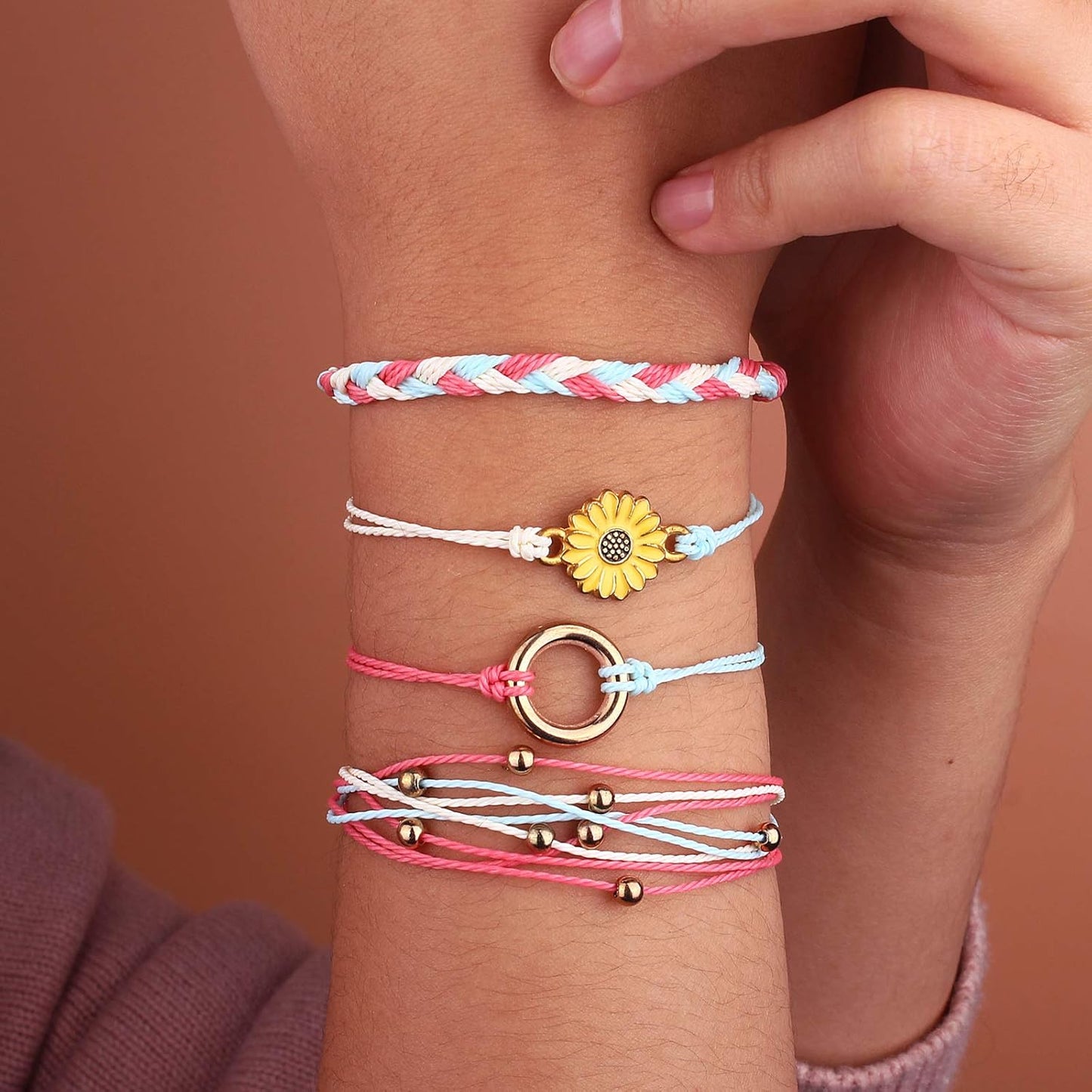 FANCY SHINY Sunflower String Bracelet Boho Braided Rope Wrap Bracelets Cute Summer Beach Surfer Jewelry for Women Christmas Gifts