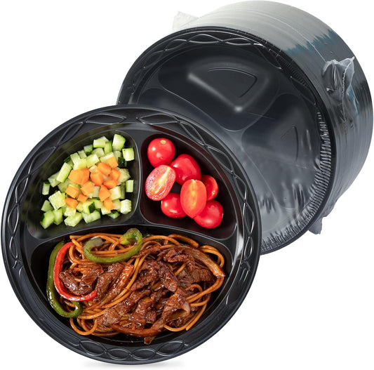 Plastic Plates Mineral Filled PP 9" - 150 Pack Shrink Wrap BPA Free Dinner Tray | Dishwasher & Microwave Safe | 3 Compartment Heavy Duty Black Reusable & Disposable Plate for Party Catering