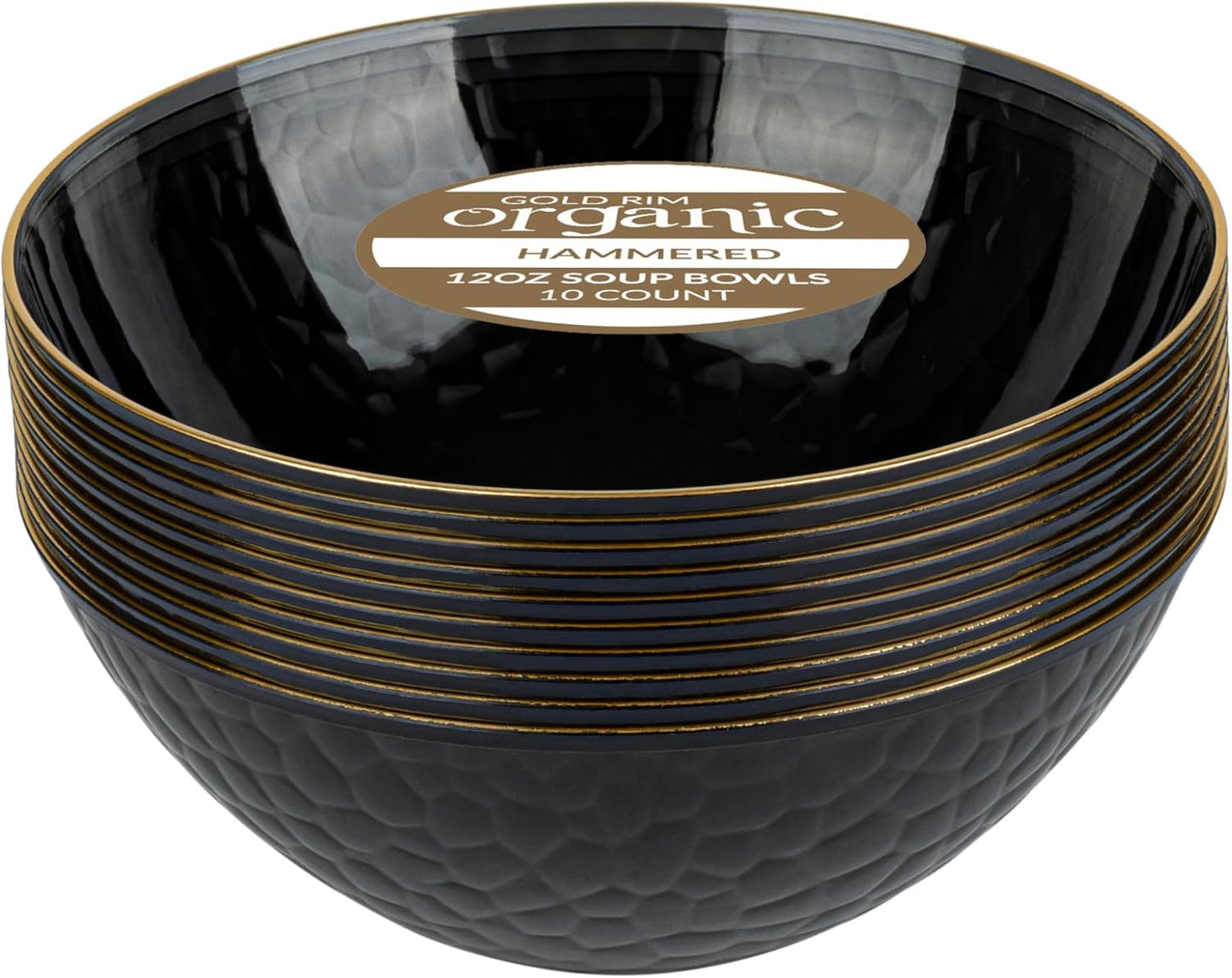 PLASTICPRO 30 Pack 12 Ounce Hammered Plastic Bowls Translucent Black with Gold Rim Heavyweight Disposable Plastic Soup Bowls Elegant Translucent Hammered Gold Rim Platsic Party Dishes