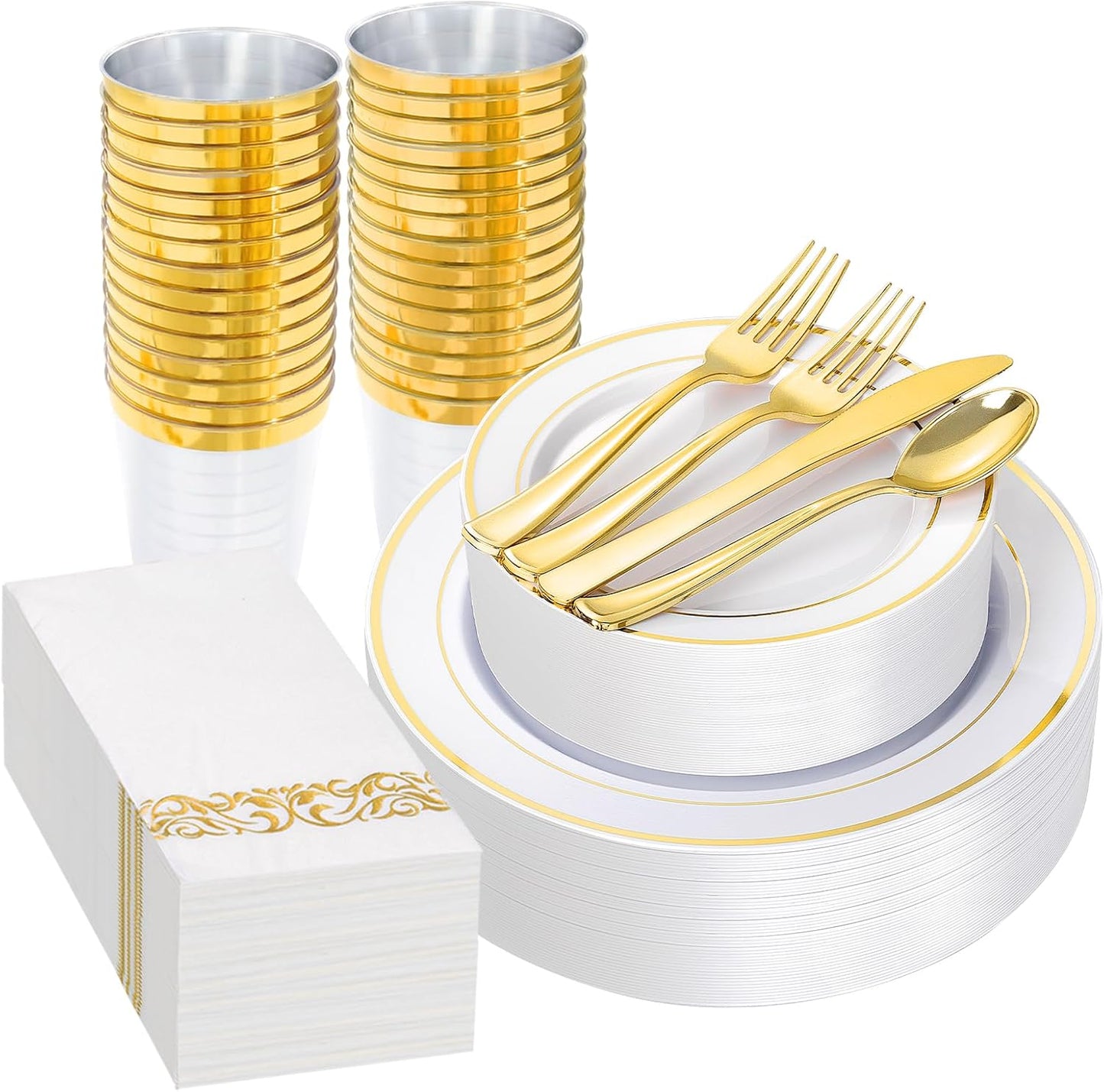 Supernal 200pcs Gold Plastic Dinnerware included 25 Party Dinner Plates 25 Dessert Plates 25 Disposable Cups and 25 Paper Napkins Disposable 25 Spoons 25 Knives 50 Forks for Party and Wedding
