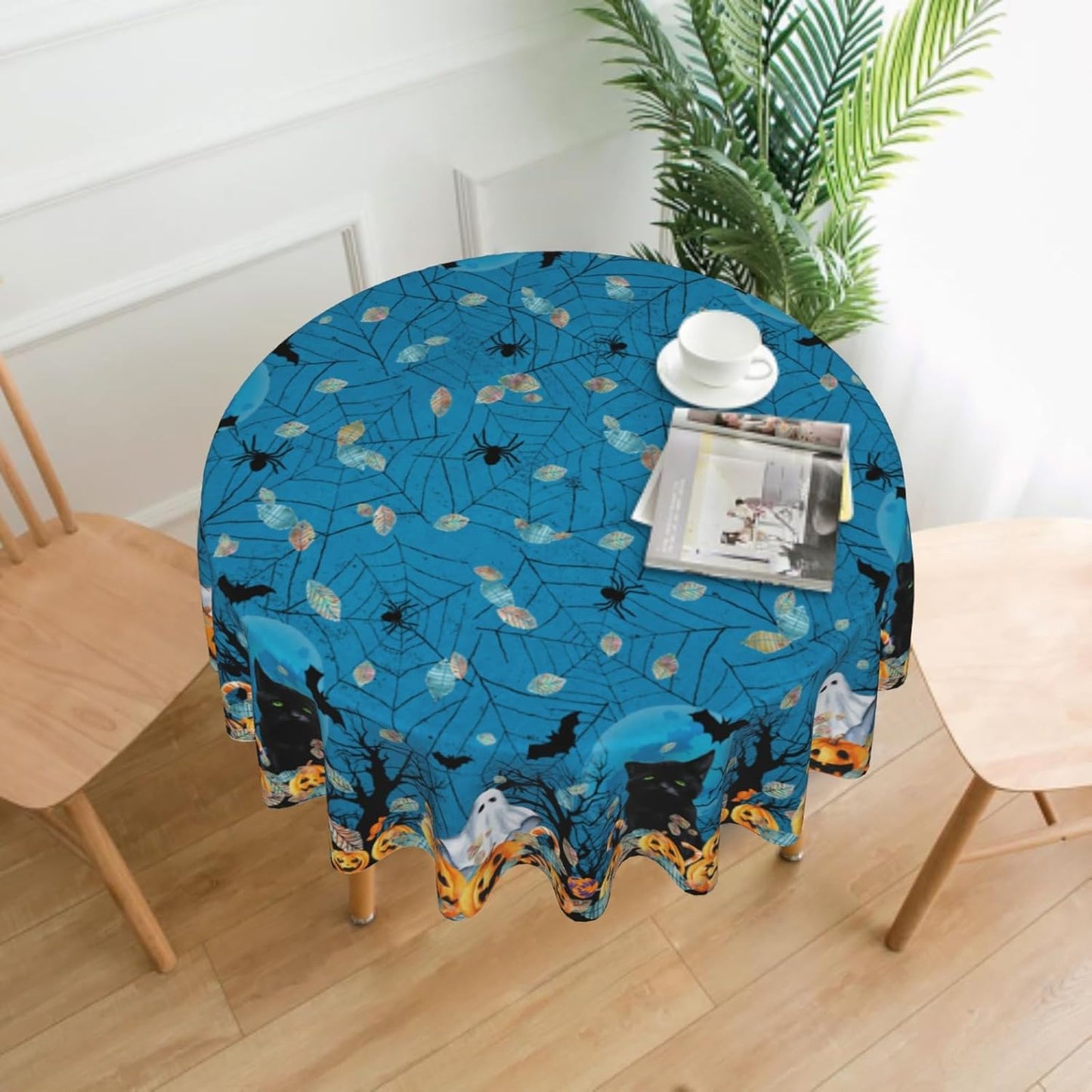 Giwawa Halloween Round Tablecloth, Blue Spooky Ghost Pumpkins Black Cats Bats Spider Web Table Cloth 60Inch for Kitchen Dining, Wipeable Fabric Non-Slip Table Cover for Holiday Picnic Camping Decor