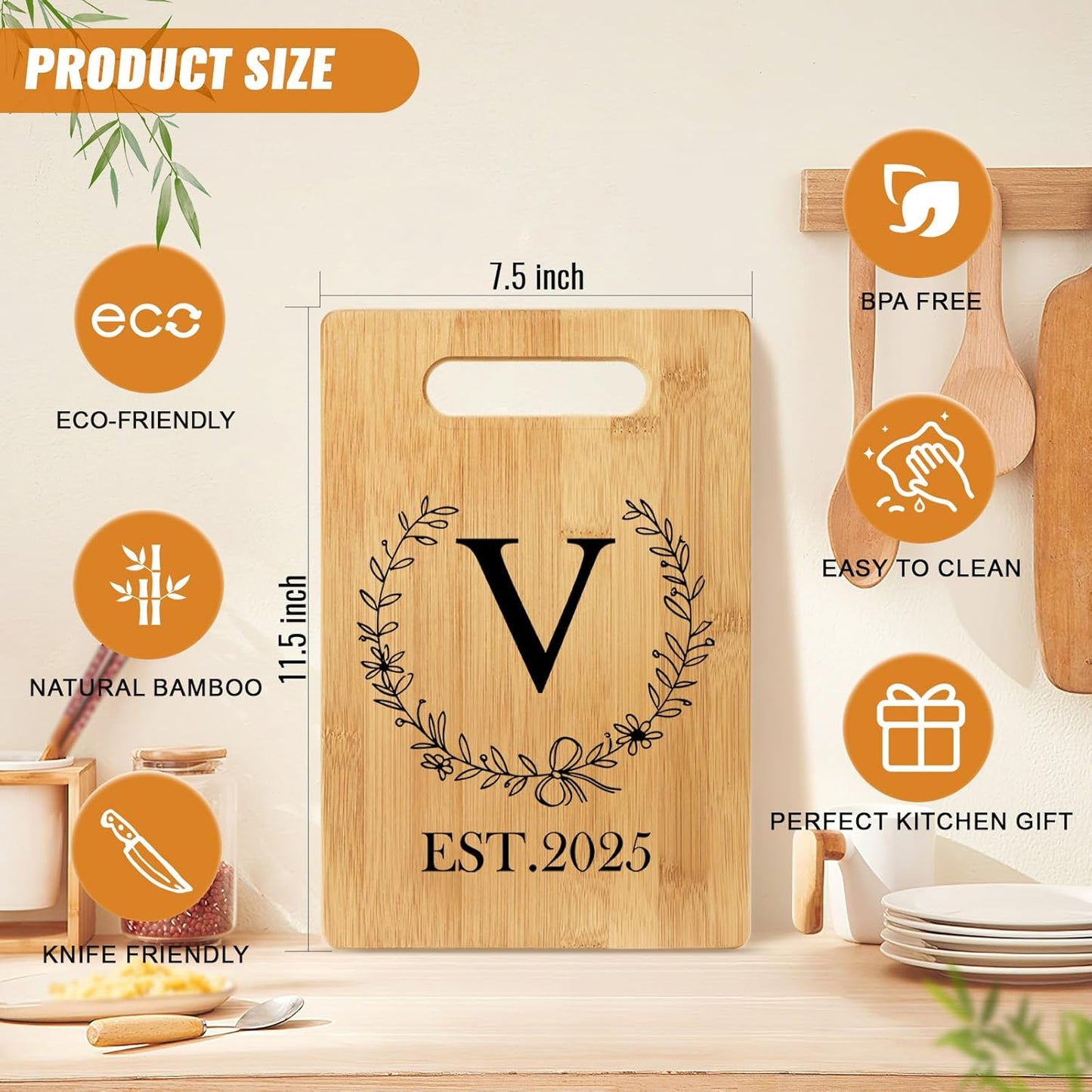 Personalized Cutting Board, Monogrammed Wedding Gift for Couple Newlywed 2025, Initial Birthday Gifts for Women, Gift for Bridal Shower Wedding Shower Engagement Anniversary Housewarming(Letter-V)