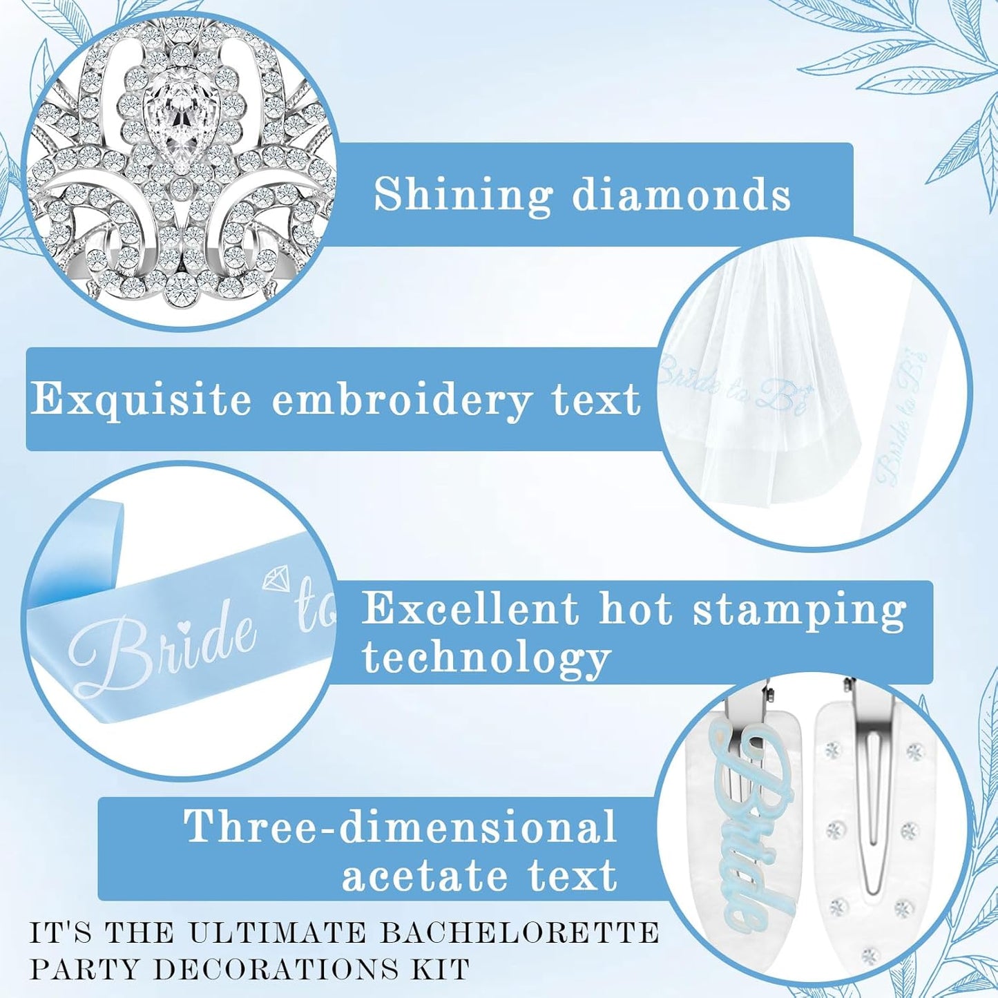 8 Pcs Blue Bachelorette Party Decorations, Bride Sash, Clips, Bridal Shower Crown, Veil, Embroidered Bow Hairpins Engagement Gifts for Bride, Wedding, Bridal Shower Favor