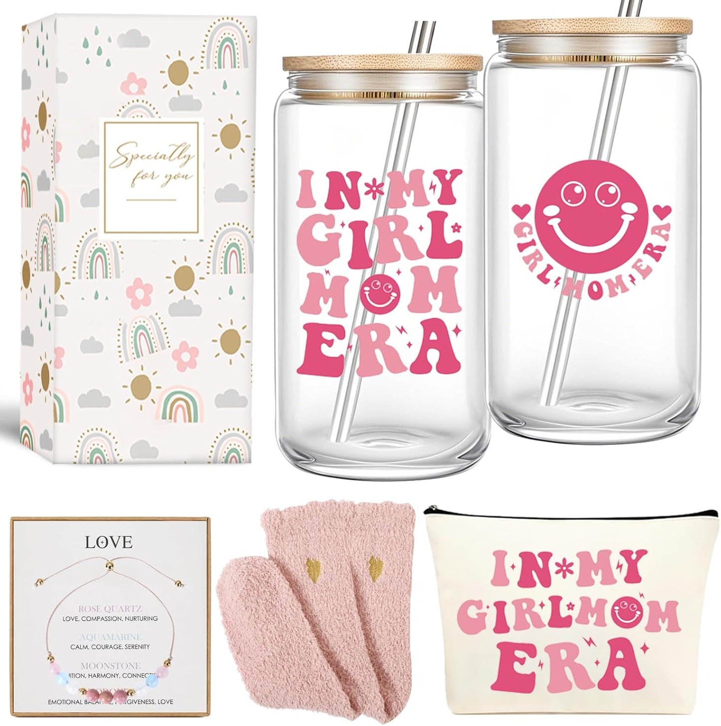 Girl Moms Gifts In My Girl Mom Era 16 oz Iced Coffee Glass with Lid and Straw First Mothers Day Gift for New Moms, Mother, Mama New Mom Gifts