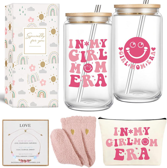 Girl Moms Gifts In My Girl Mom Era 16 oz Iced Coffee Glass with Lid and Straw First Mothers Day Gift for New Moms, Mother, Mama New Mom Gifts