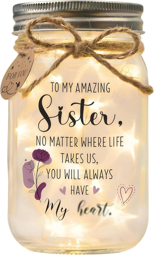 SOLMAY Sister Gifts Mason Jar Night Light – Unique Birthday & Christmas Gift for Sister– Sentimental Decorative Lamp from Sibling or Brother with Warm LED Fairy Lights